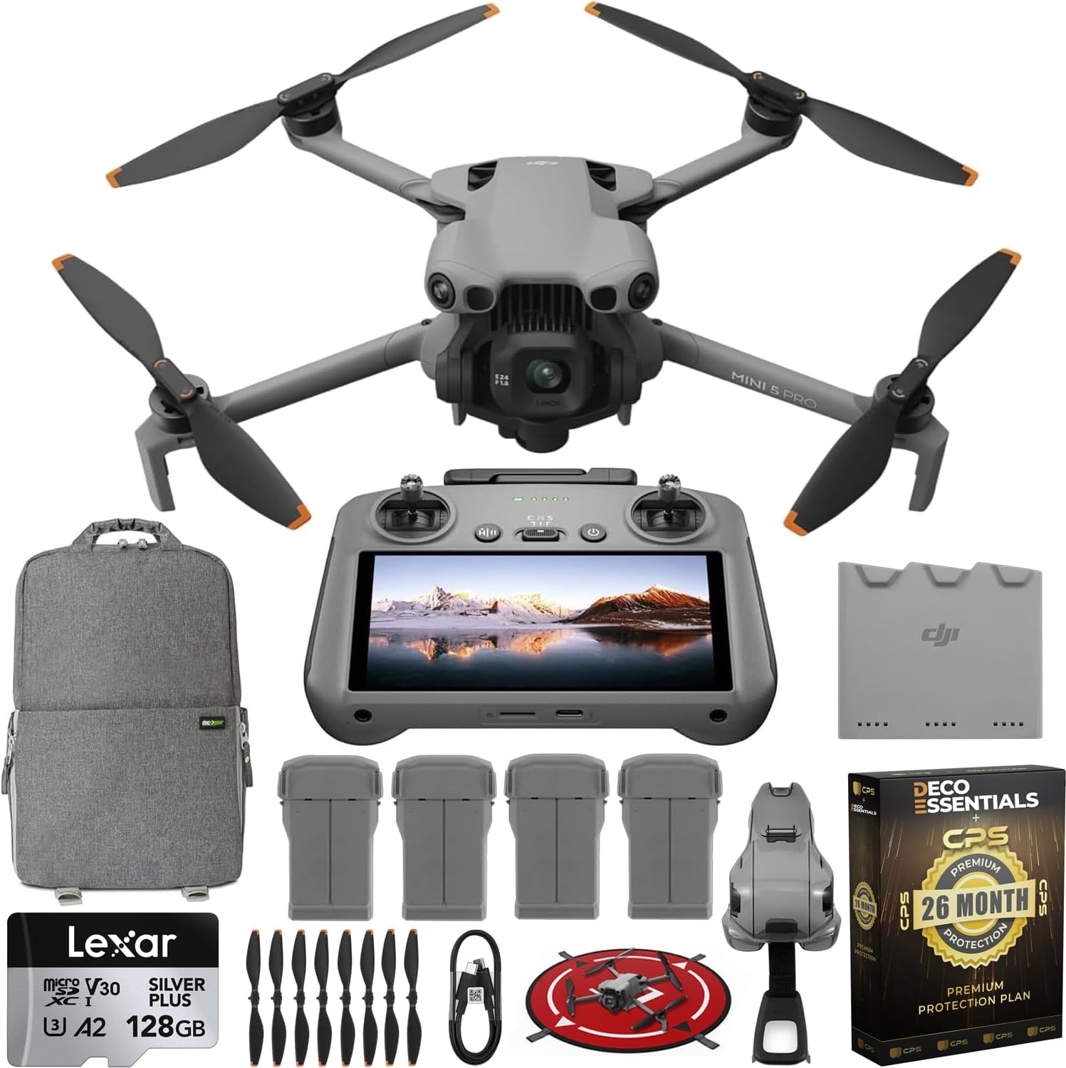 Mini 5 Pro Drone Fly More Combo with RC 2, 1" CMOS Sensor, 4K Video, Obstacle Sensing, 4 Battery Bundle with Deco Essentials CPS Exclusive 26 Month Protection Pack and Accessories Kit