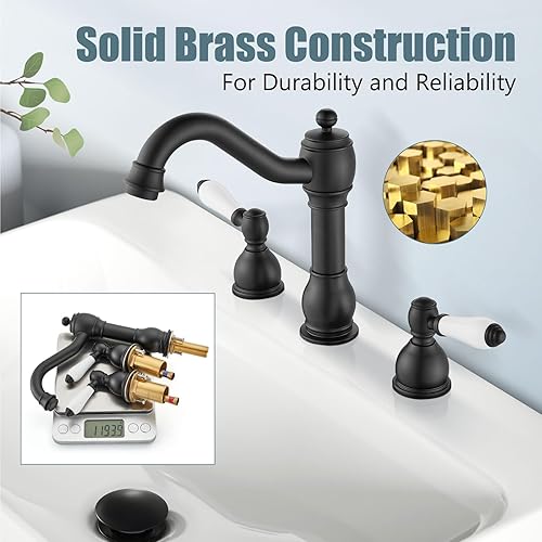 Miniatura 5 de Aolemi Grifo de lavabo de baño de 8 pulgadas, color negro mate, mango de cerámica doble, 3 agujeros, montaje en cubierta, mezclador con montaje de