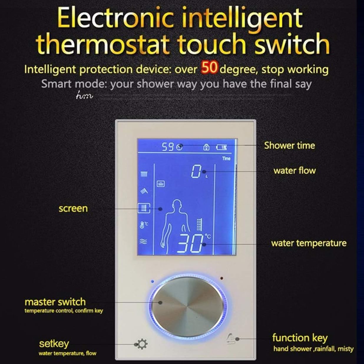 Regolatore Digitale per Doccia Con Valvola Di Regolazione, 3 Vie, Schermo Touch LED, Termostato, Display Lcd, Presa Di Corrente Intelligente Compatibile