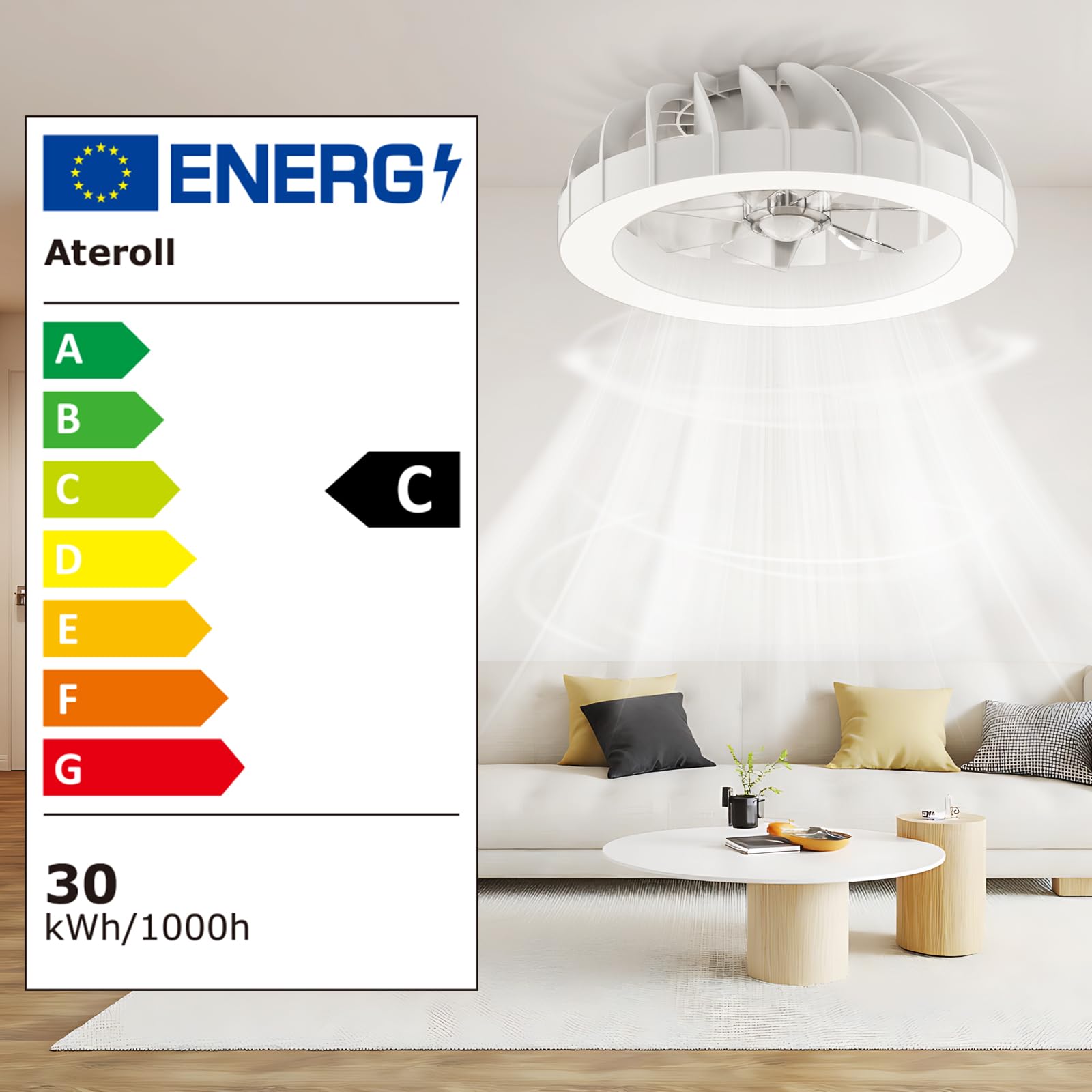 Ateroll Deckenventilator mit Beleuchtung, Ø46CM RGB dimmbar LED Fernbedienung 6 Windstufen 3000K-6500K leise Timer für Schlafzimmer
