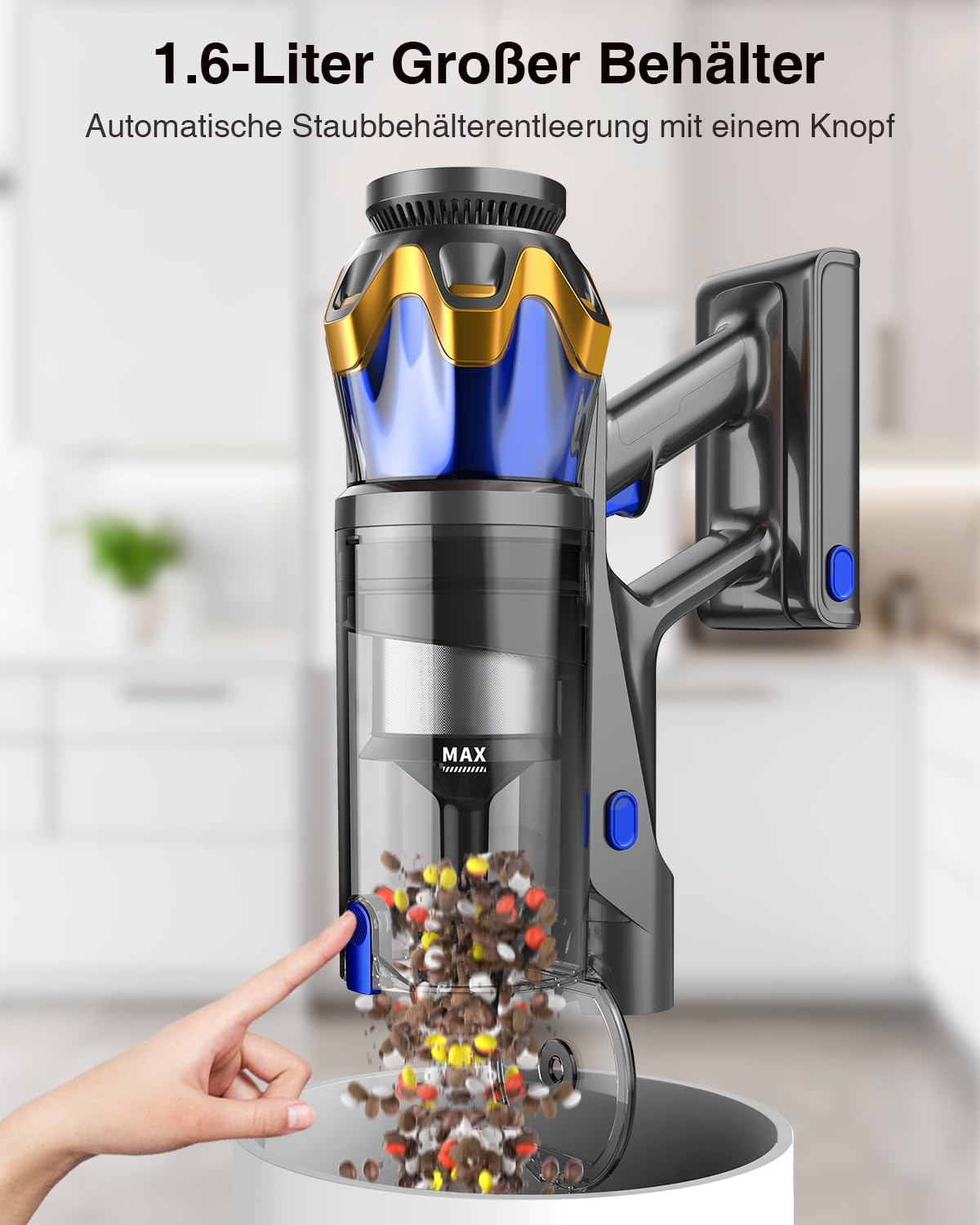 Akku Staubsauger 45000Pa 550W 65Min 1,6L Kabellos mit Display Anti-Tangle-Bürste Selbststehend