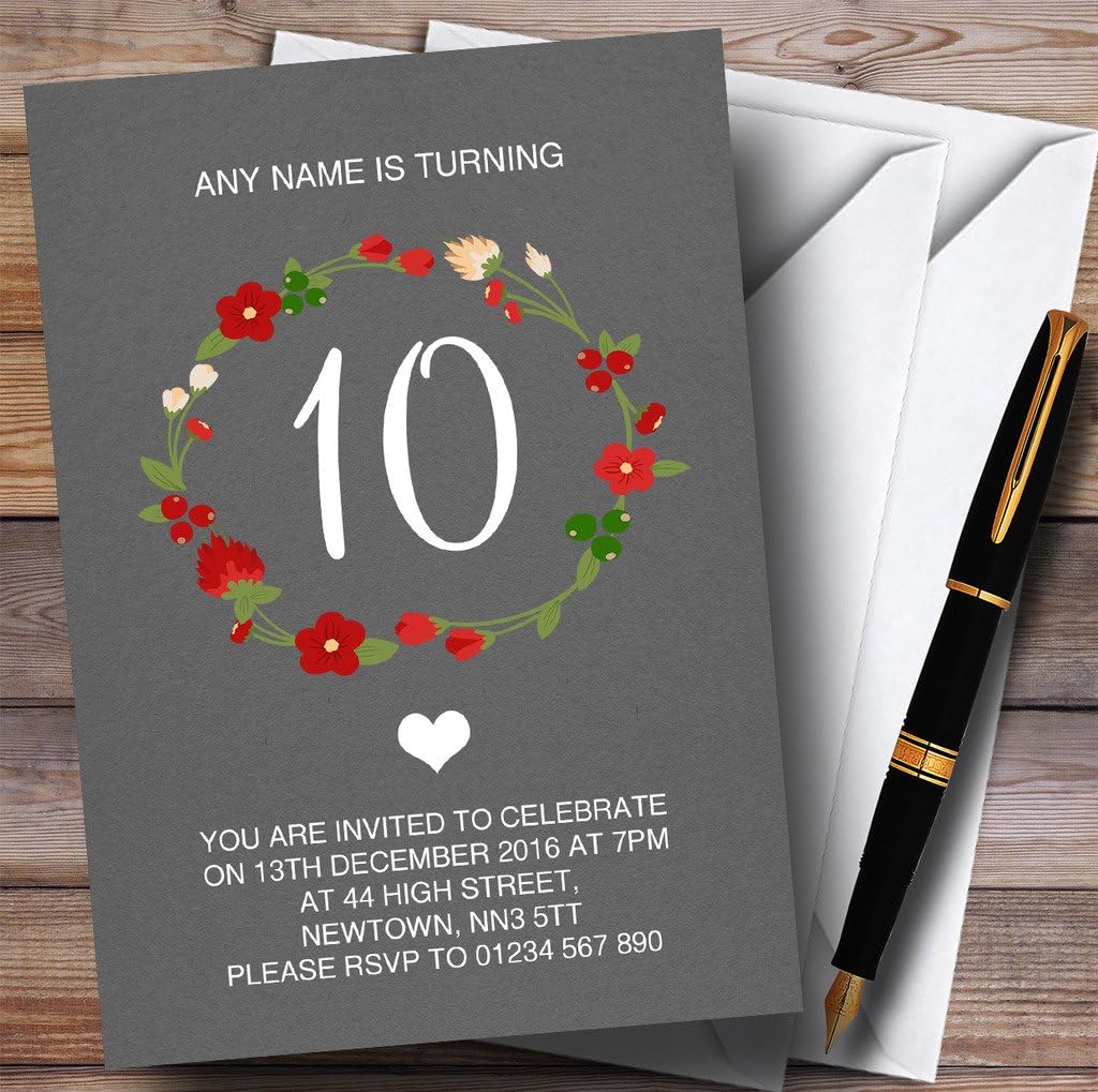 Red Floral Wreath Grey Rustic 10th Personalized Birthday Party Invitations