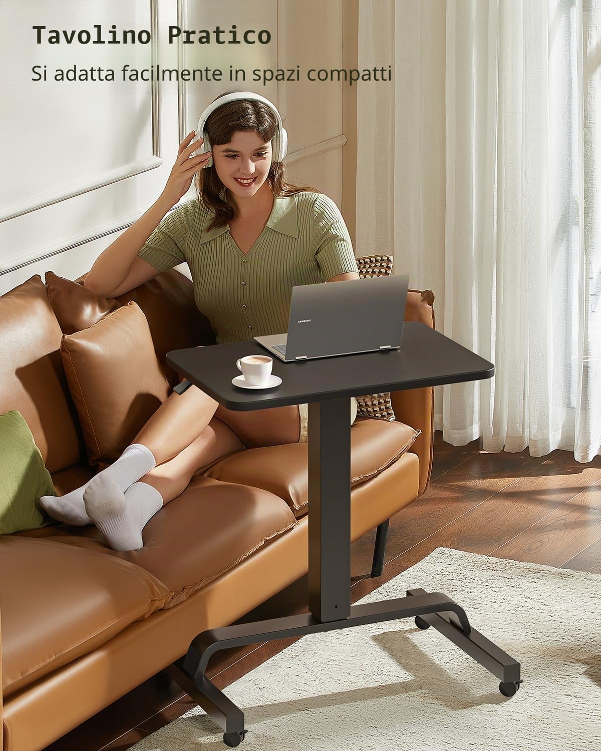 WALKINGDESK Tavolino regolabile in altezza con 4 ruote, Scrivania mobile 60 x 40 cm, Pneumatica tavolo da Letto per computer, divano, letto, Nero