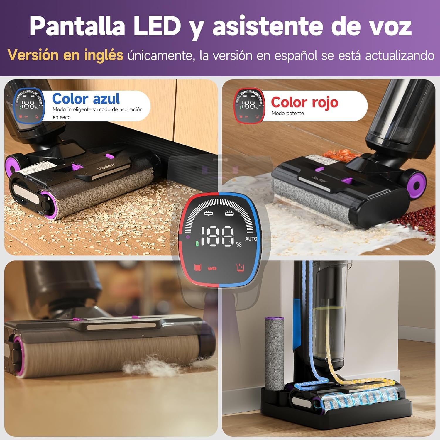 Redkey W15 Aspiradora Fregadora Sin Cable en Seco y Húmedo, 26.000 Pa, Autolimpieza y Fregado, 910ml Doble Depósito, 3 Modos, 6mm Limpieza de Bordes, Pantalla LED, para Pelos de Mascotas y Suelos