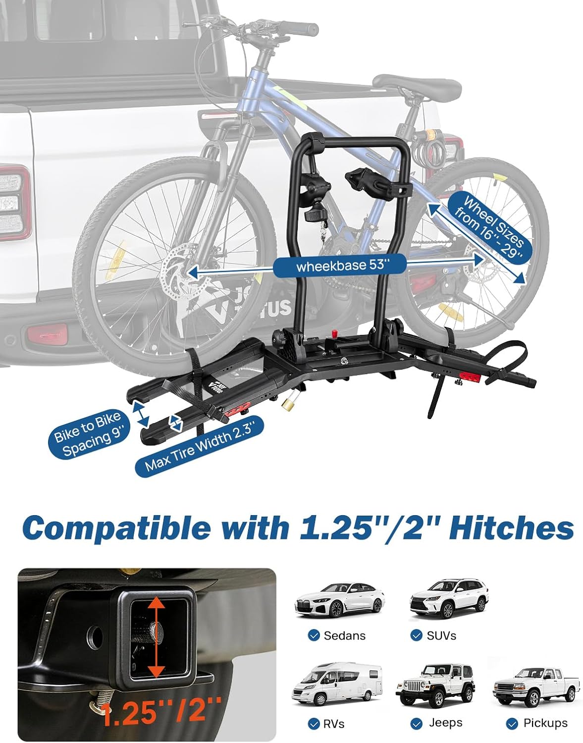 JOYTUTUS Hitch Bike Rack for 2 Bikes, 100 lbs Capacity Bike Rack for Car, SUV, Truck with 1¼” & 2” Receiver, Easy Tilting, Folding & Secure Locking, Anti-Wobble, Fits Most Wheelbase Lengths(Max 53'')