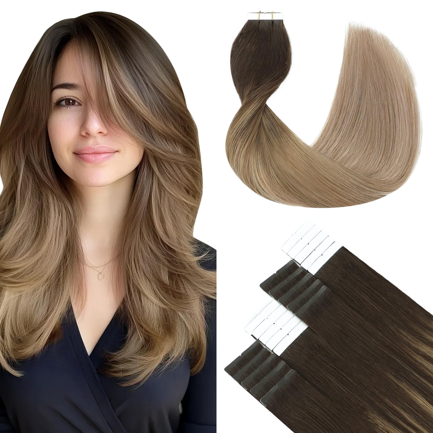 SURNEL Tape in Hair Extensions Human Hair 20 inch 2 Dark Brown Fading to 6 and 18 Ash Blonde Tape in Hair 20 pcs 50g(#2/6/18-20)