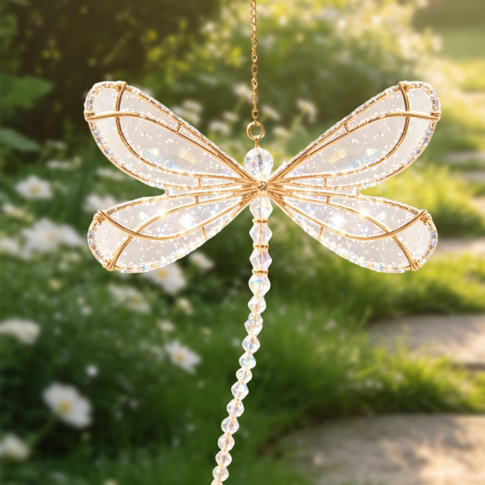 Ollanoos Faceted Crystal Dragonfly Suncatcher, Rainbow Light Catcher Prism Ornament, Hanging Garden & Window Crystal Decor, Insect Shaped Glass Pendant for Patio, Nursery, Living Room