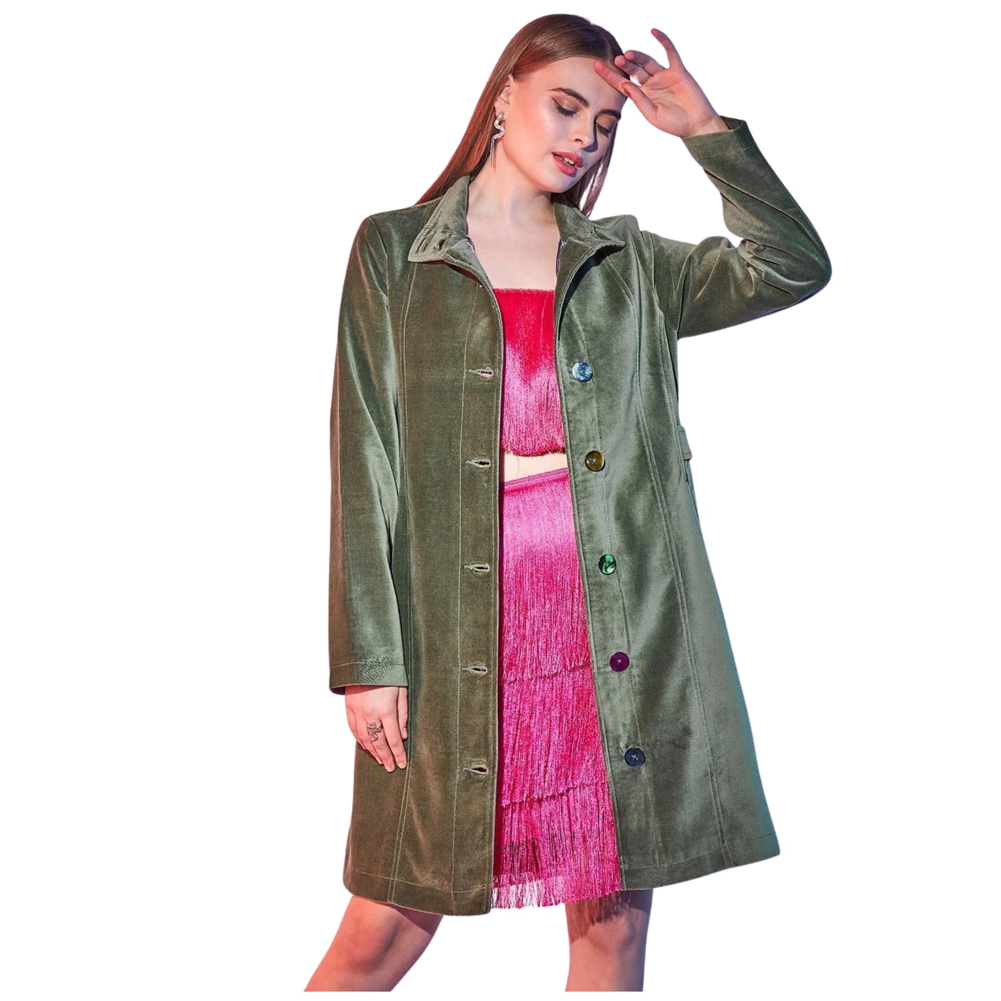 Women Solid Trench Coat | Single Breasted Overcoat | Full Sleeve Elegant Outerwear for Professional & Casual Looks| Green | COT00008760-0P-image-7