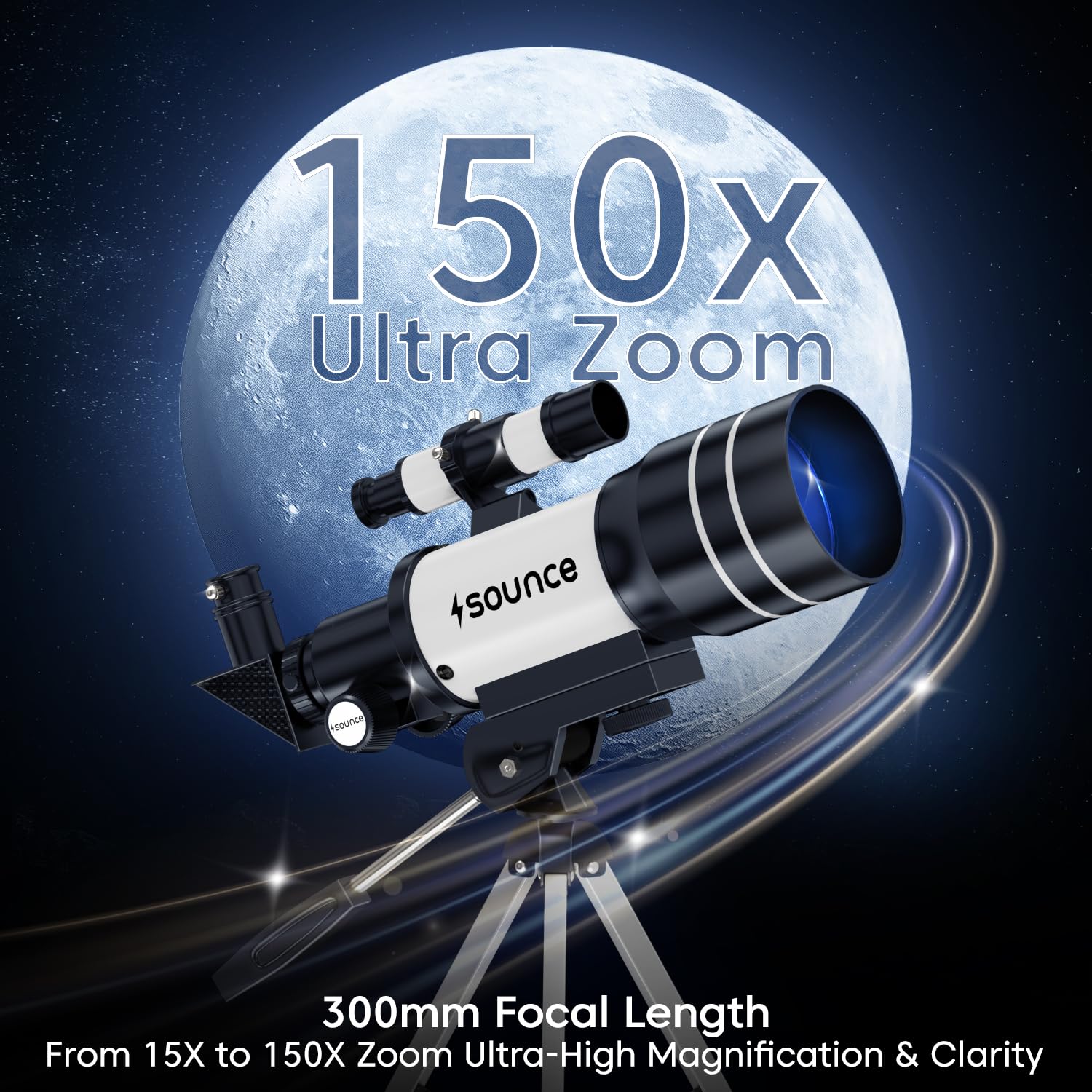 Sounce 70mm Astronomical Telescope 150X Zoom Refractor, Black — Amazon image 2