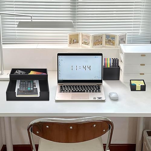 Miniatura 7 de Paquete de 4 suministros de oficinaorganizador de escritorio de cuero para bandeja de papel para cartas, soporte para notas adhesivas, taza para