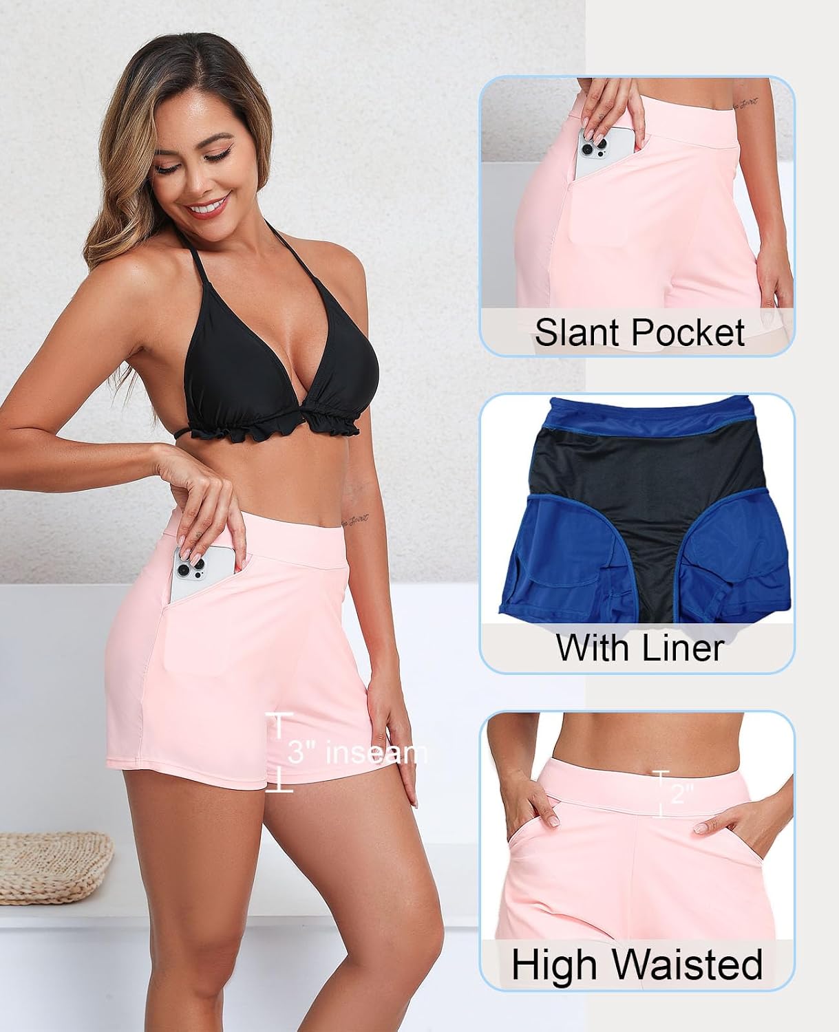 Halcurt Women's 3" High Waisted Swim Board Short with Liner (Available in Plus) Pokcet Boyshorts Swimsuit Bottoms