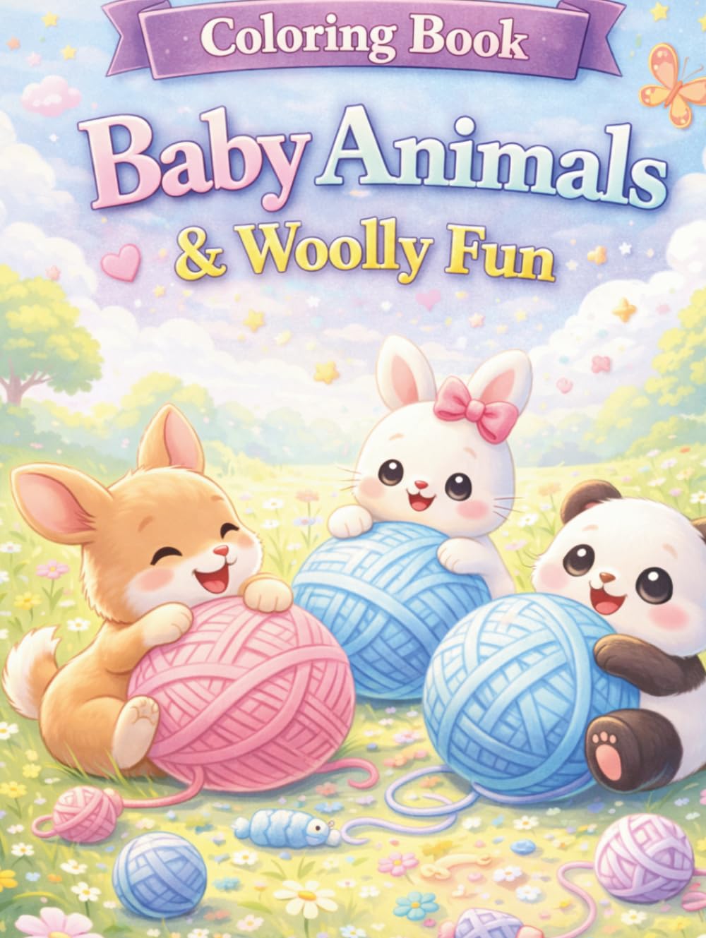Baby Animals & Woolly Fun Coloring Book: 80 Coloring pages of Super Cute Puppies, Bunnies Pandas, Kittens & Many More Playing with Yarn | Easy and Adorable Coloring Pages for Kids