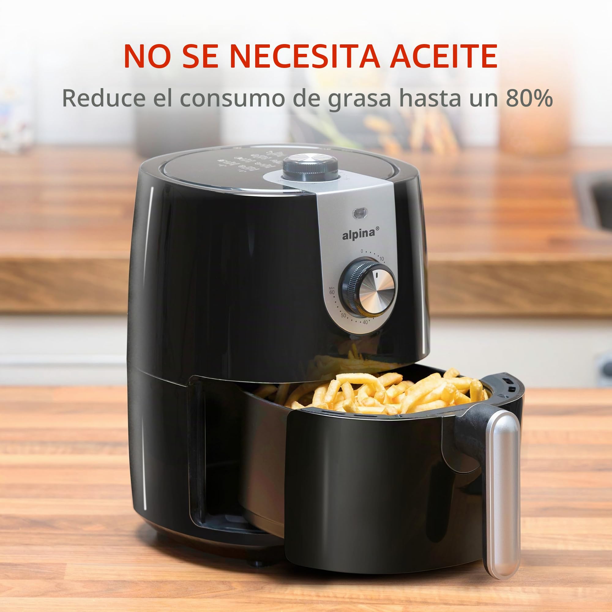 alpina Freidora Aire 2L - Air Fryer Adecuada para 2 a 3 Personas - Freidora sin Aceite con Temporizador y Temperatura Ajustable - Plástico - Negro