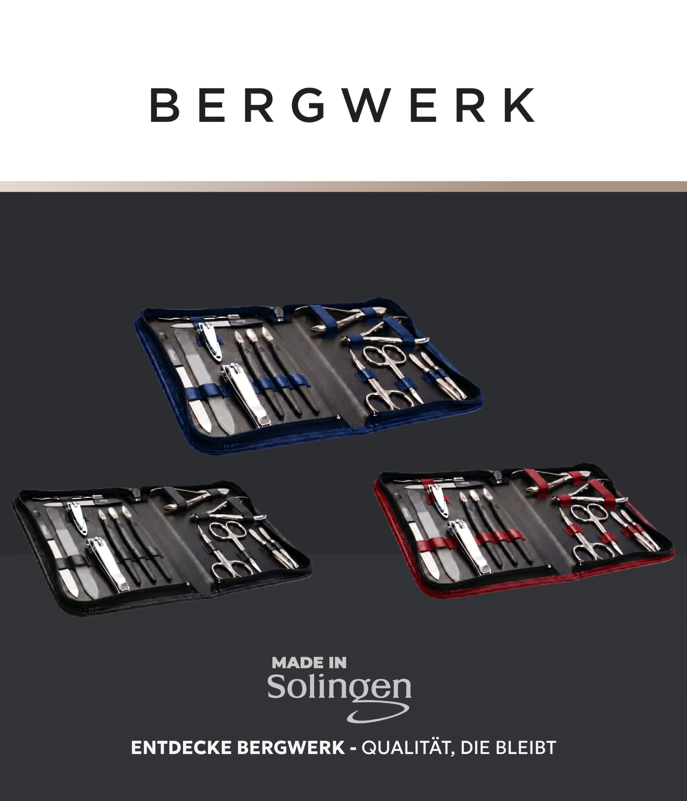 BERKWERG® Solingen Manicüreetui Leder Schwarz 15-teilig - Präzisions-Nagelpflege-Set inkl. Nagelschere & Hautschere Solingen – für perfekte Maniküre & Pediküre – Made in Germany