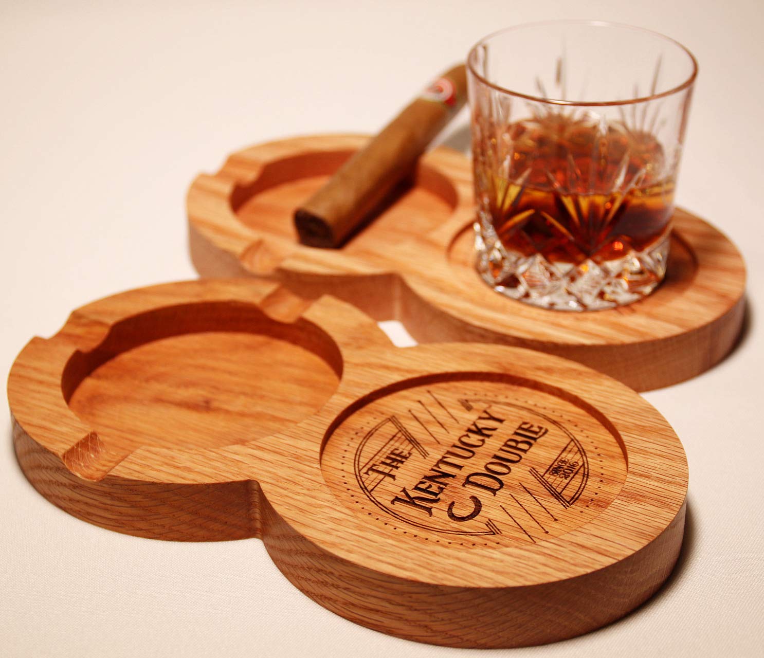 The Kentucky Double Solid Oak Cigar Ashtray Coaster/Whiskey Glass Tray