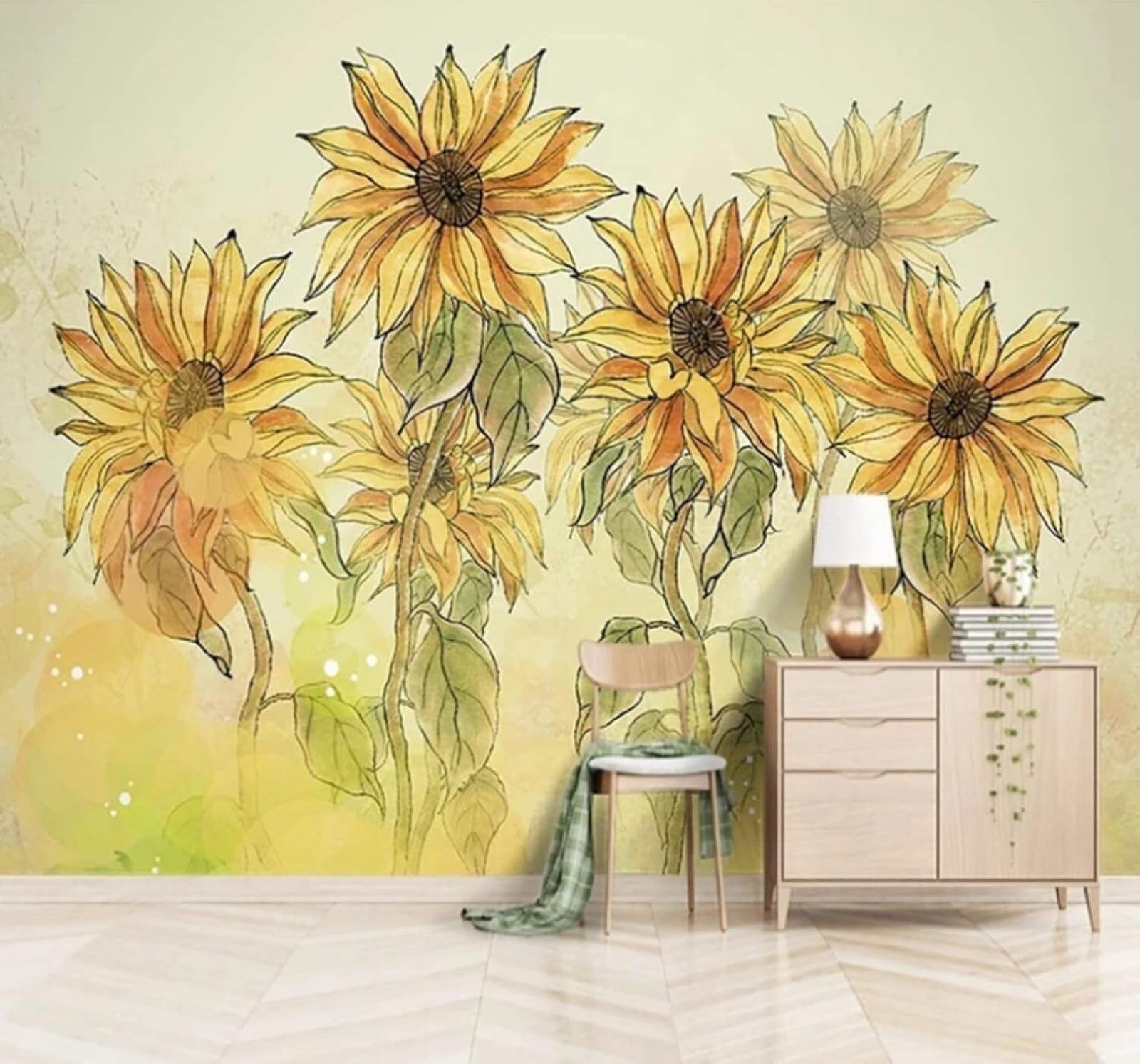 XLMING Retro Hand Drawn Beautiful Pastoral Sunflowers 3D Wallpaper Luxury Silk Study Dining Feature Sofa Grey Bedroom Living Room Tv Decorative Wall-250cm×170cm