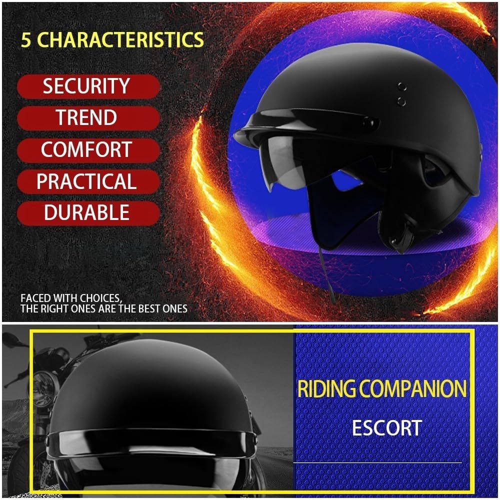 Casque de Moto Vintage Demi-Casque Moto Ouvert Casque Jet Rétro Casque Bol avec Visière Homologué ECE Léger Casque Scooter Cyclomoteur pour Adulte Hommes et Femmes