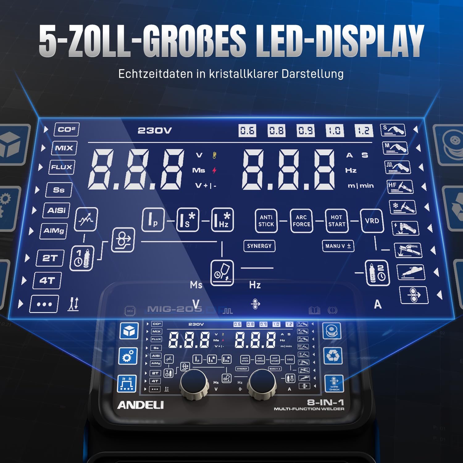 ANDELI MIG-205DP 8-in-1 Multiprozess-Schweißgerät 230V – 205A Puls-MIG/Gas-MIG/WIG HF/Plasmaschneider/Fülldraht/Cold/Clean/E-Hand, IGBT, für Alu/Stahl/Edelstahl, Neuestes Modell 2026
