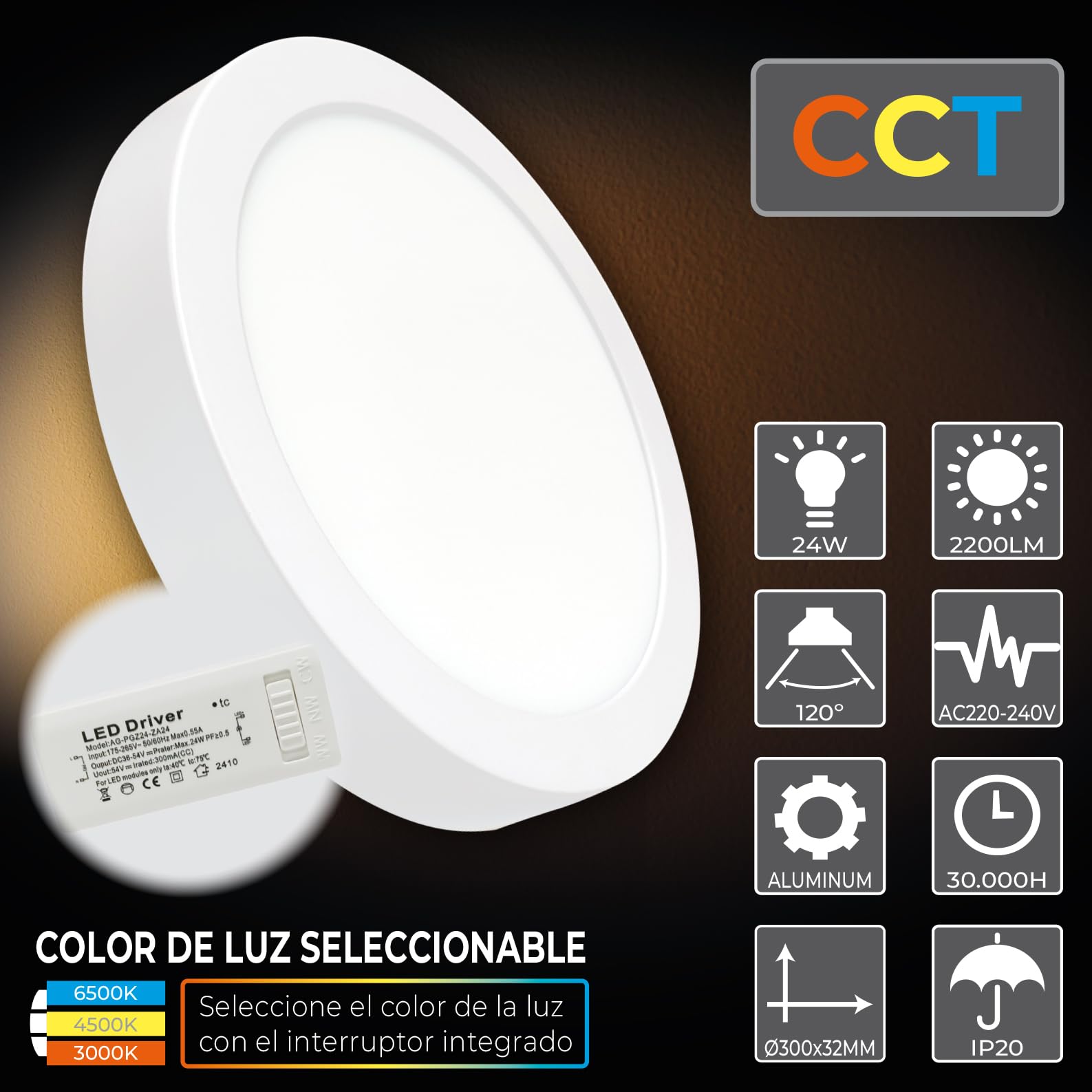 LED ATOMANT 4x Plafon LED Superficie 300mm 24W CCT 3000-6500K 2200lm | Con Selector de color CCT, Driver incluido