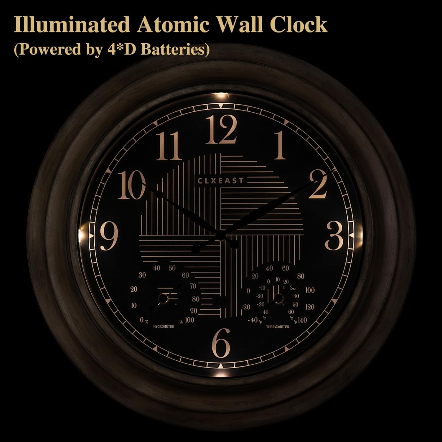 CLXEAST clock with its dial illuminated in a dark setting.