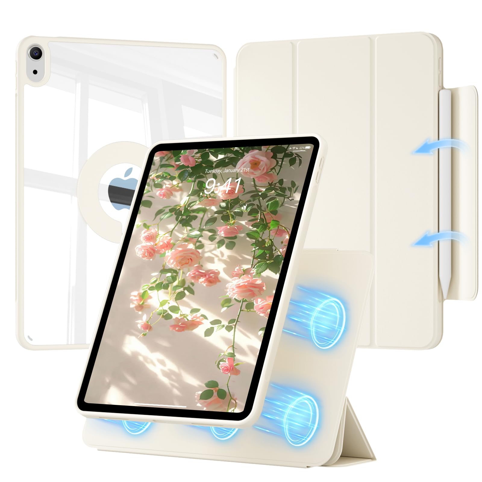Transparente Schutzhülle für iPad A16 11. Generation 27,9 cm (11 Zoll) 2025 & iPad 10. Generation 2022, abnehmbare, magnetische, rotierende, transparente harte Rückseite aus Polycarbonat