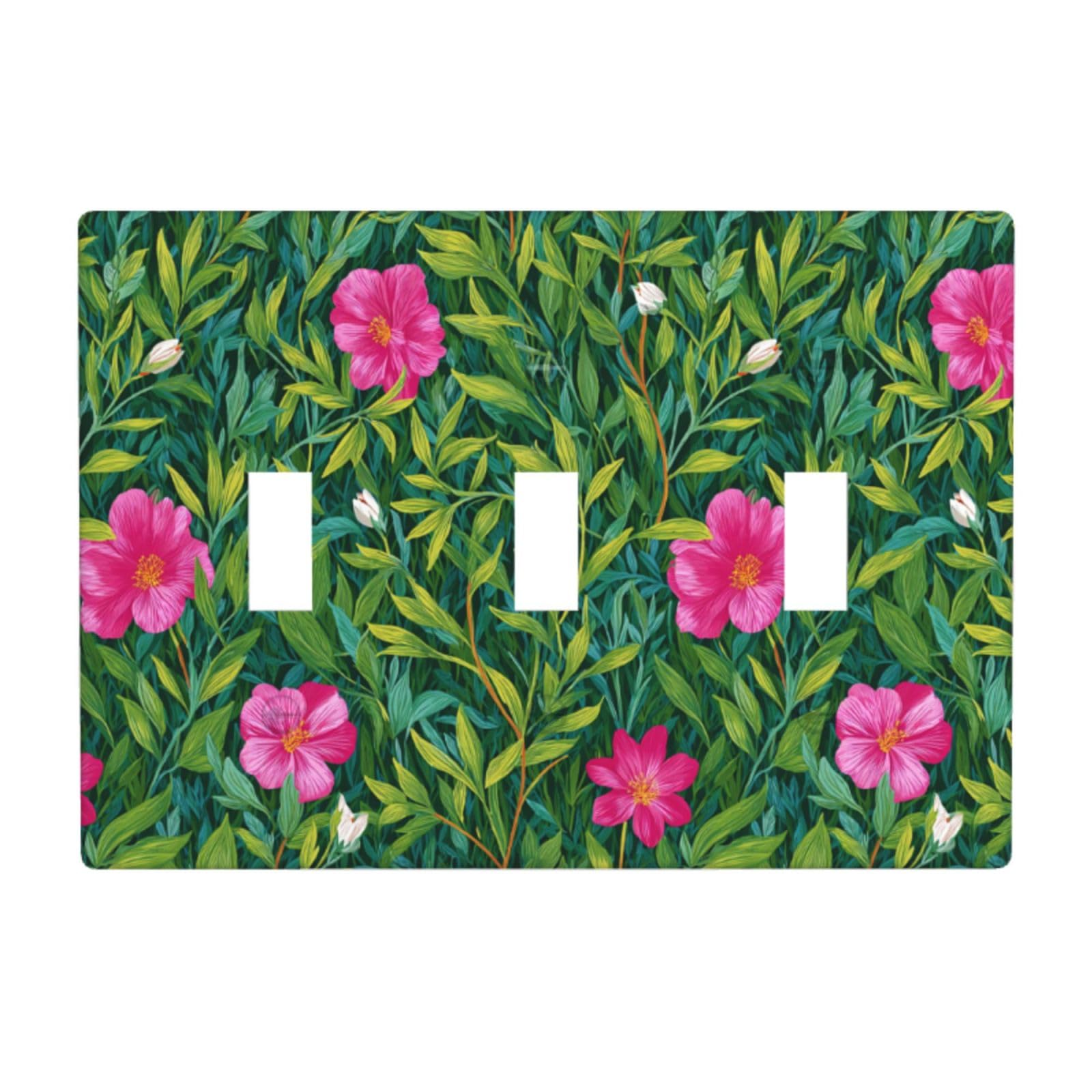 Woshuwo White Forest Greenery With Pink Florals Light Switch Covers 3 Gang Triple Toggle Wall Plate Switchplate Electrical Faceplate For Bathroom Kitchen Bedroom Decor