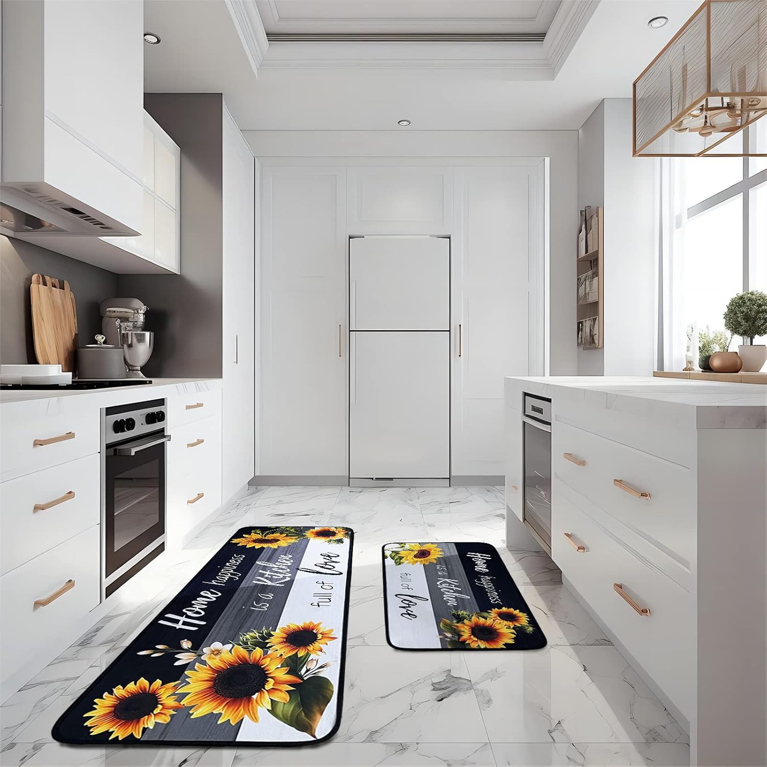 Voanos Sunflower Kitchen Rugs,Non Skid Washable Microfiber mats for Kitchen Floor, Black White Kitchen Cushioned Runner Rug Decor Sets of 2,Size 17"x 47"+17"x 30"