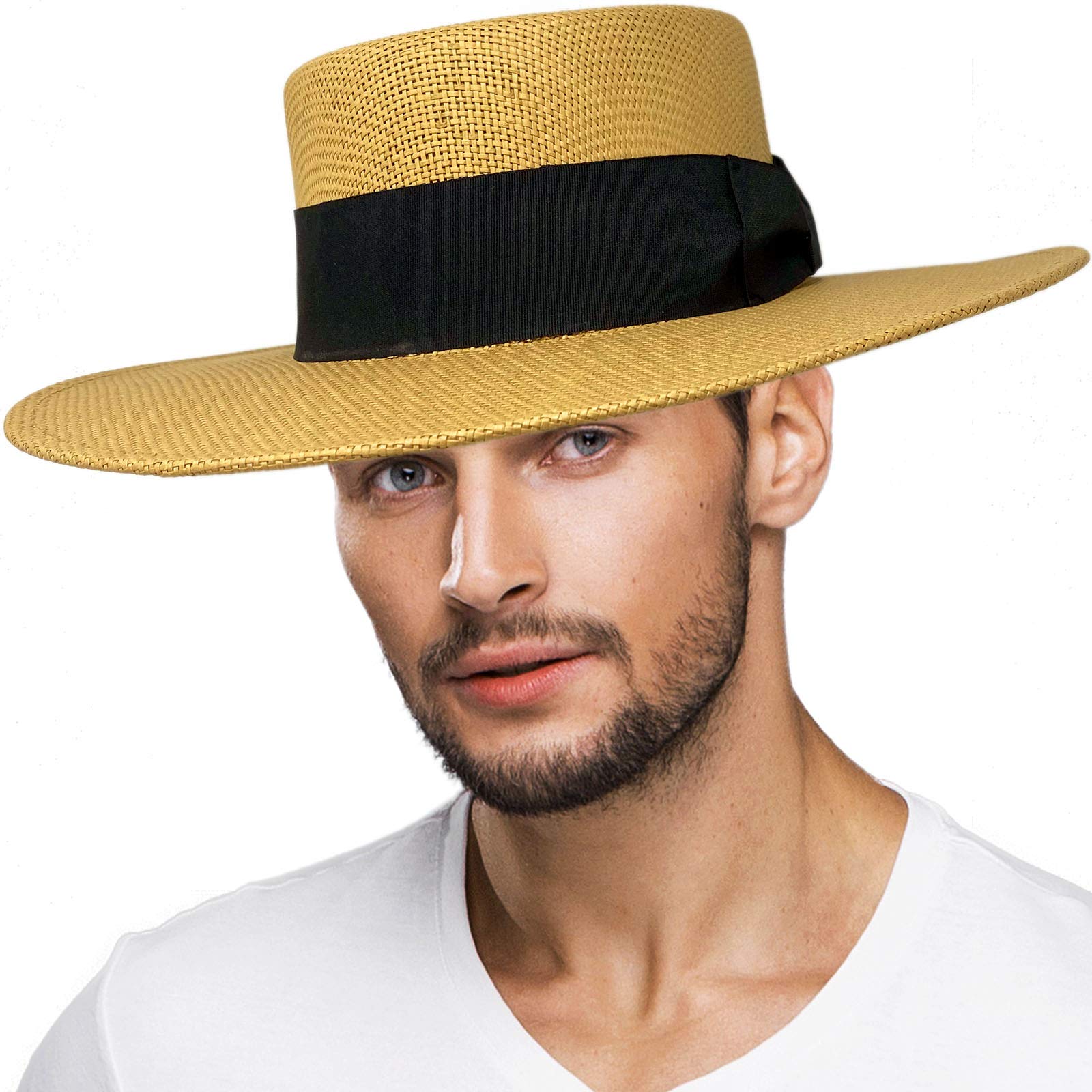 Men's Everyday Light Summer Wide Boater Gamble Porkpie Derby Fedora Sun Hat (Boater Brown)