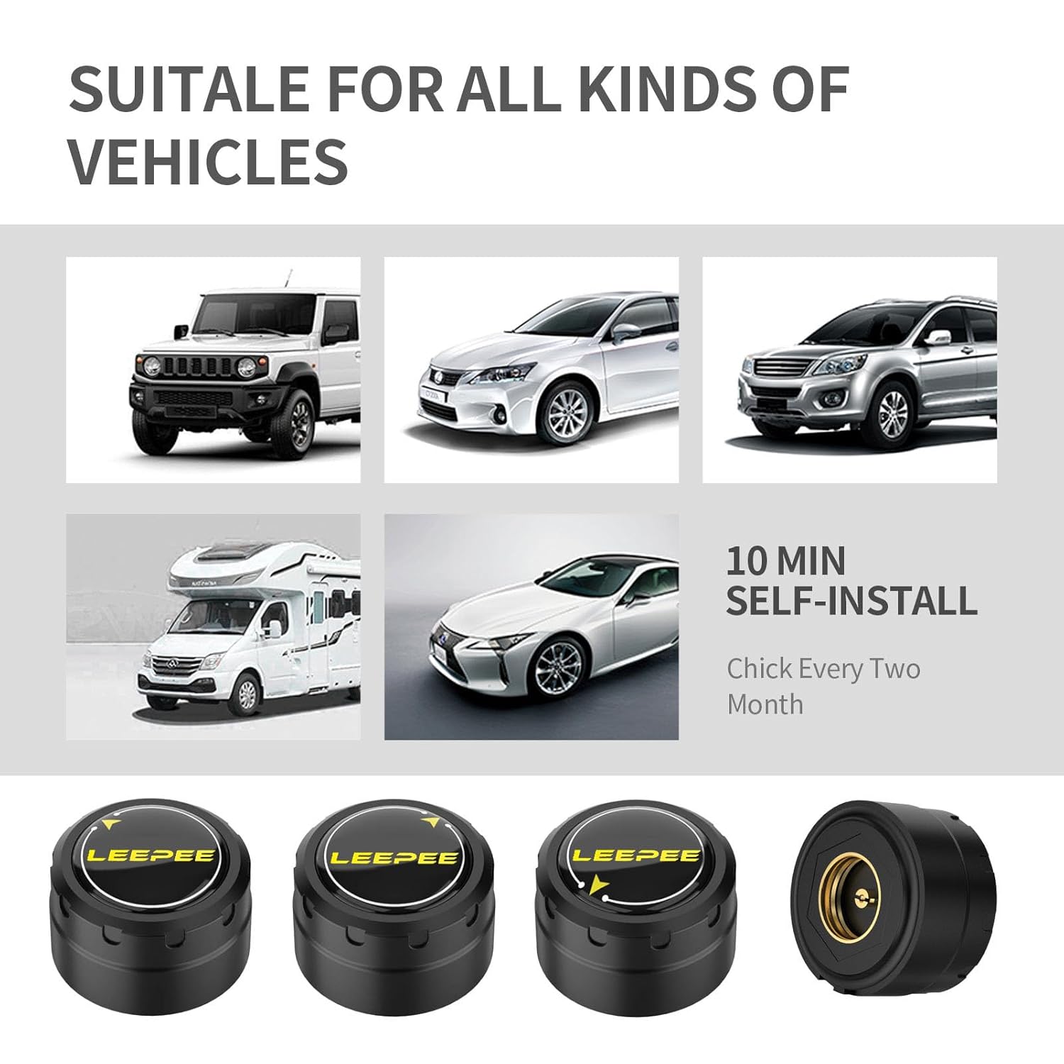 LEEPEE Tire Pressure Monitoring System, 5 Alarm Modes, with 4 External Sensors TPMS, Support iOS and Android, Real-time Displays Pressure and Temperature (0.1-6.4Bar)