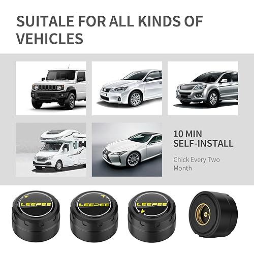 Miniatura 4 de LEEPEE Sistema de monitoreo de presión de neumáticos, 5 modos de alarma, con 4 sensores externos TPMS, compatible con iOS y Android, muestra presión