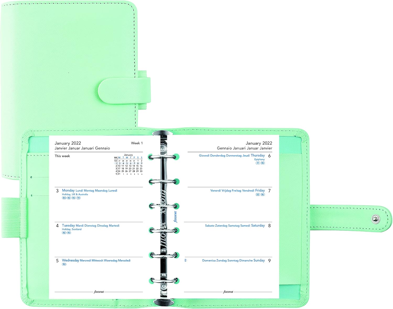 Filofax Saffiano Organizer, Pocket Size, Neo Mint - Cross-Grain, Leather-Look, Six Rings, Week-to-View Calendar Diary, Multilingual, 2025 (C028813-25)