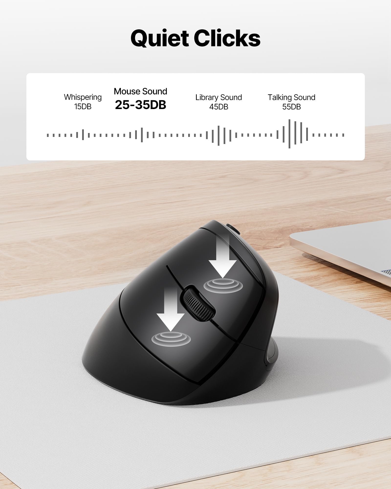 Mouse ergonomico, mouse verticale wireless Bluetooth con doppia connessione (Bluetooth 5.0 e USB-A), mouse ergonomico silenzioso per Windows Mac iPad OS, PC portatile, nero