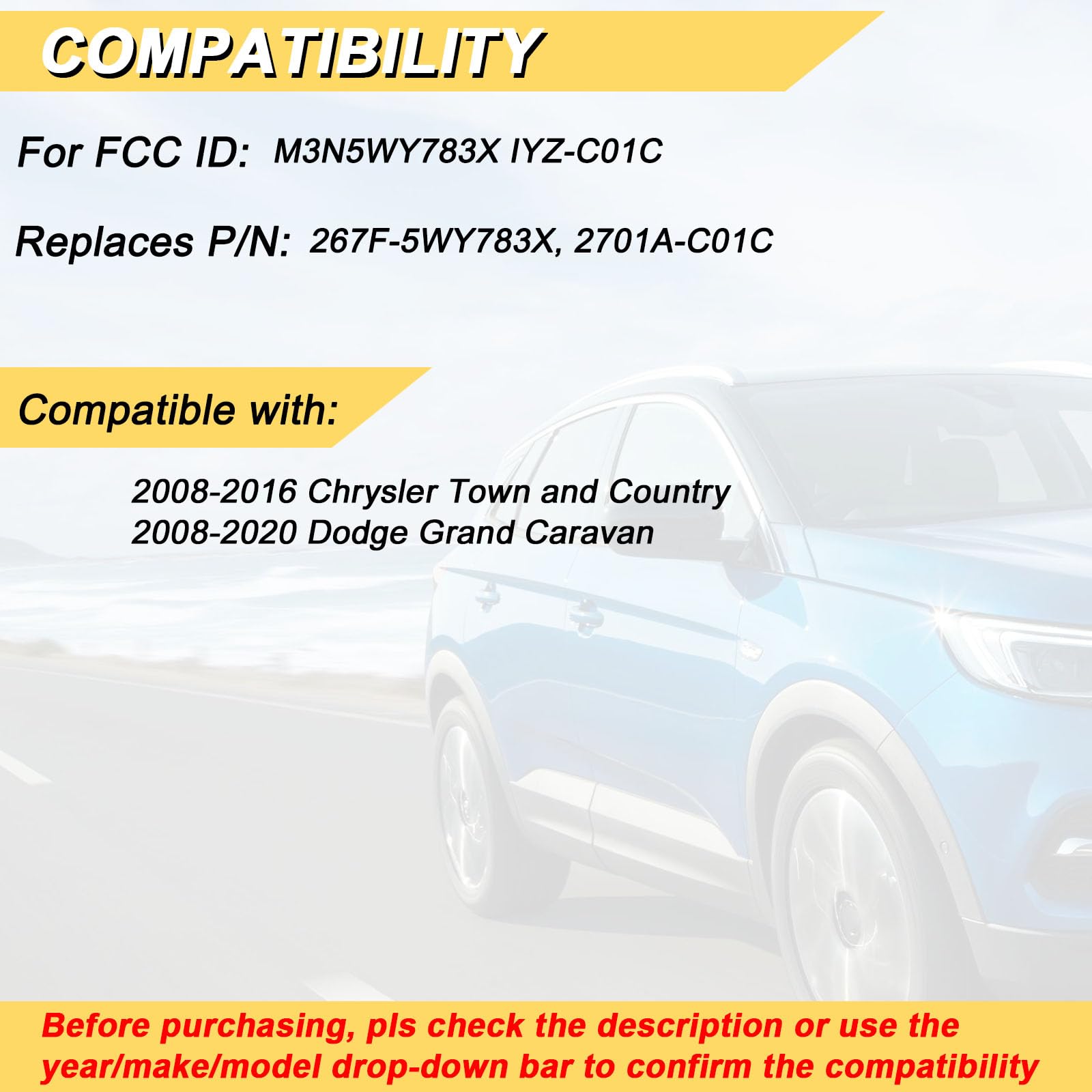 Vurkcy Llavero de repuesto para Dodge Grand Caravan 2008-2020/Chrysler Town and Country Car 2008-2016, M3N5WY783X IYZ-C01C, 6 Btn, 2 unidades