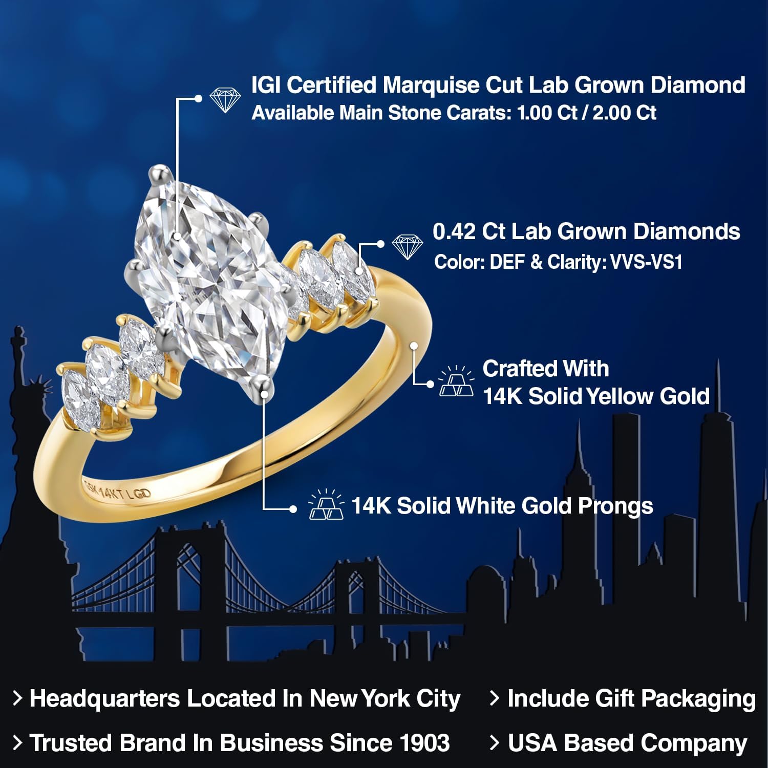 Gem Stone King 1.42 to 5.42 Cttw IGI Certified Lab Grown Diamond 2-Tone 14K White and Yellow Gold Engagement Ring For Women | Marquise Cut | D-E Color | VS1-VS2 Clarity