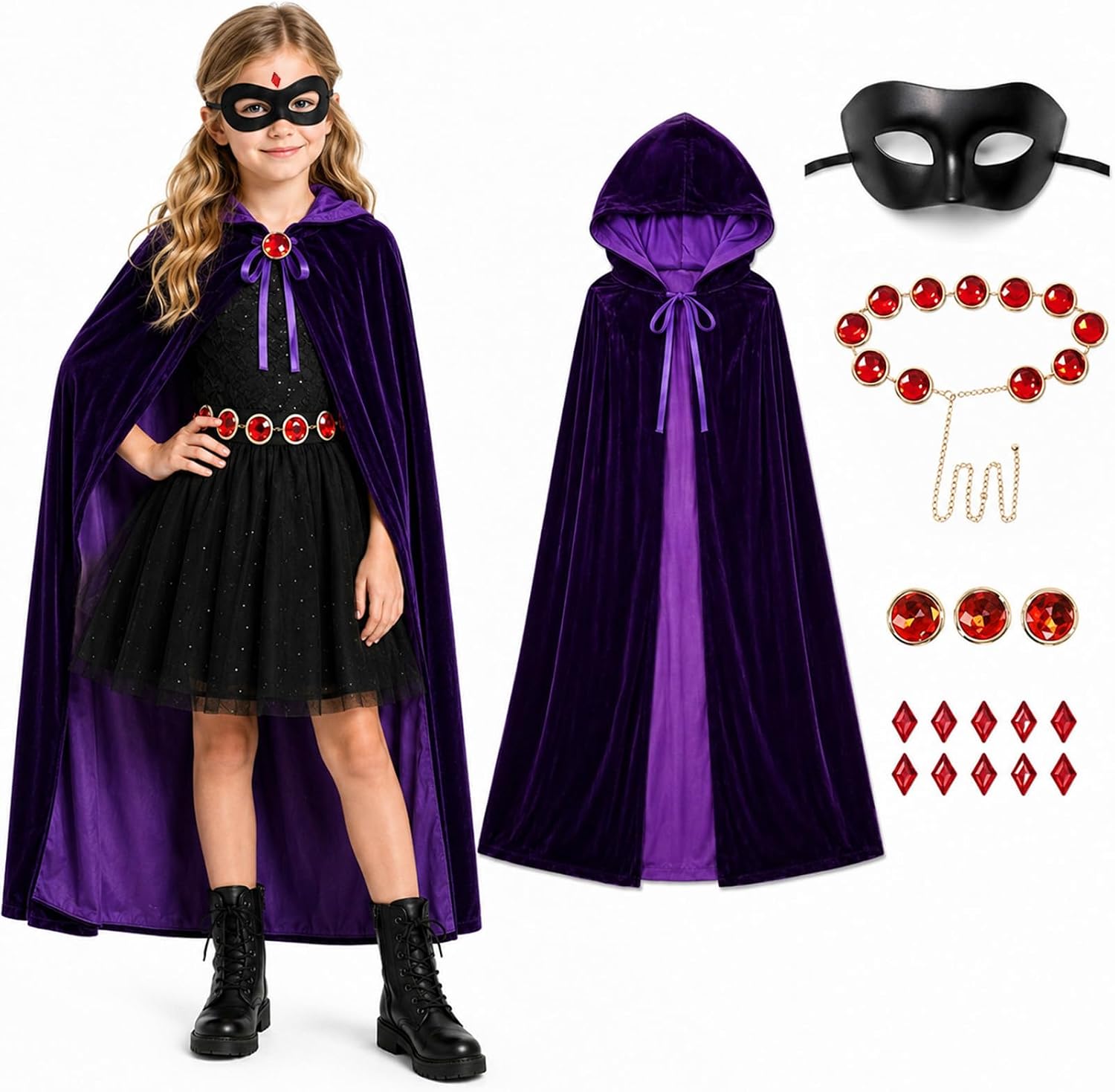 5PCS Raven Costume Kids Halloween Purple Hooded Cape Accessories for Girls