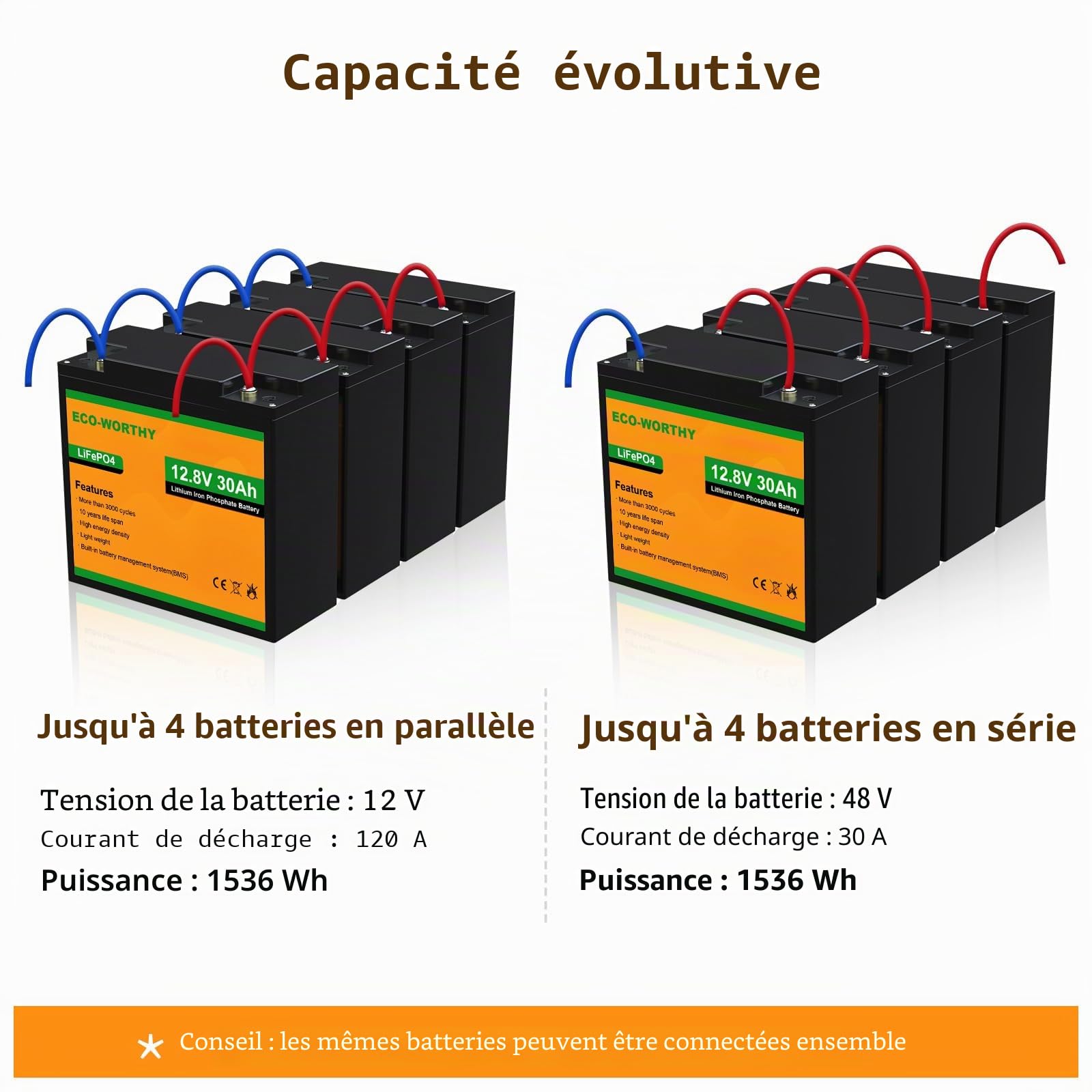ECO-WORTHY LiFePO4 Batterie au lithium 12 V 30 Ah