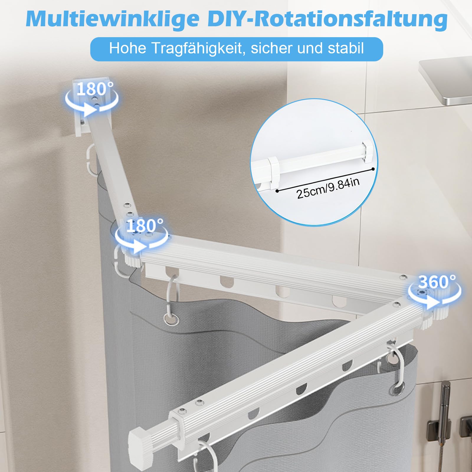 Faltbare Duschvorhangstange mit Duschvorhang, Duschvorhangstange ohne Bohren, Duschvorhang mit Stange, Wasserdicht L/U Form Duschstange für Ecke/Badewanne (Weiß, 4 faltbar)