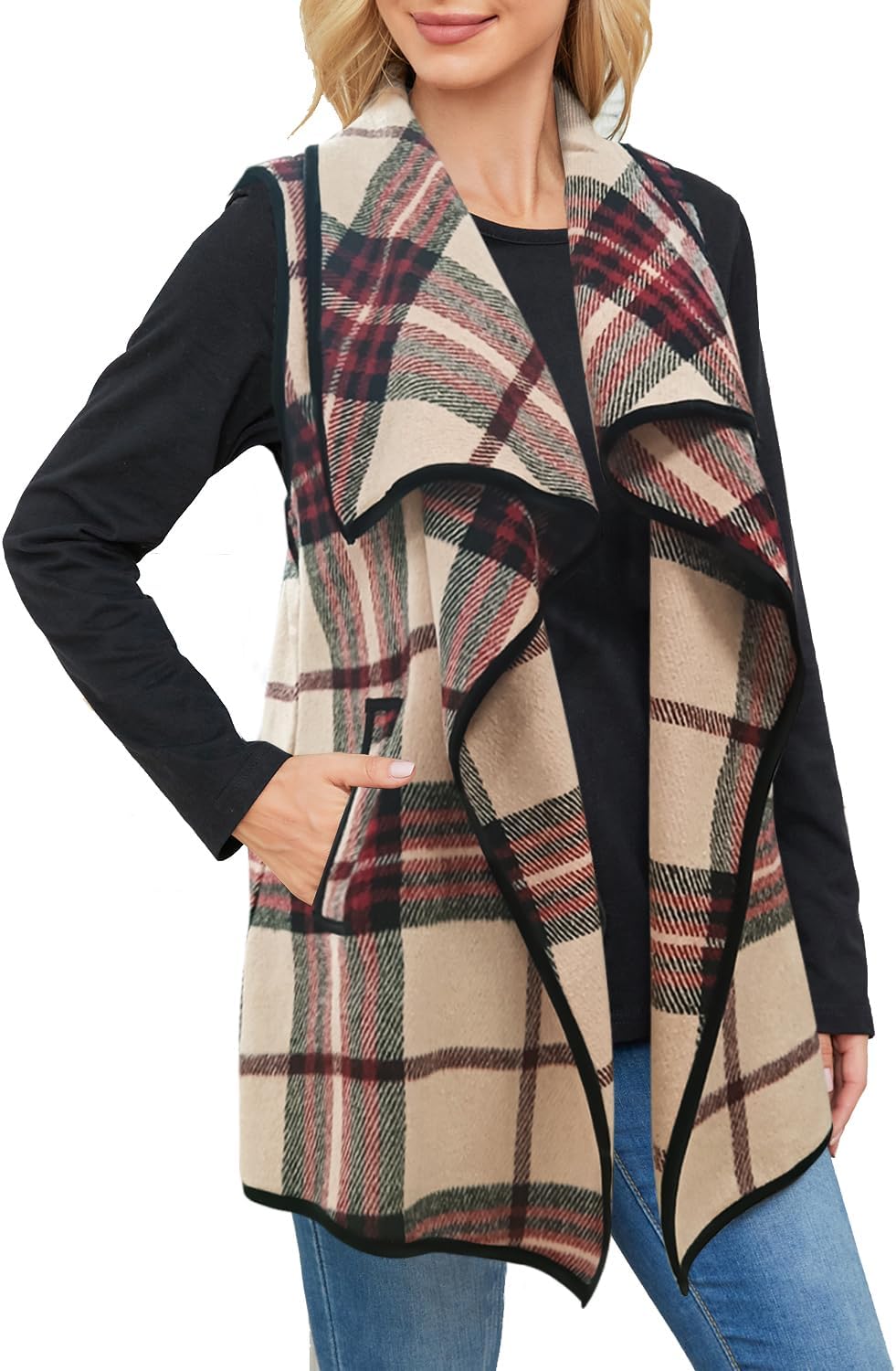 YACUN Women Plaid Vest Lapel Open Front Sleeveless Jacket Outerwear Cardigan with Pockets - Image 4