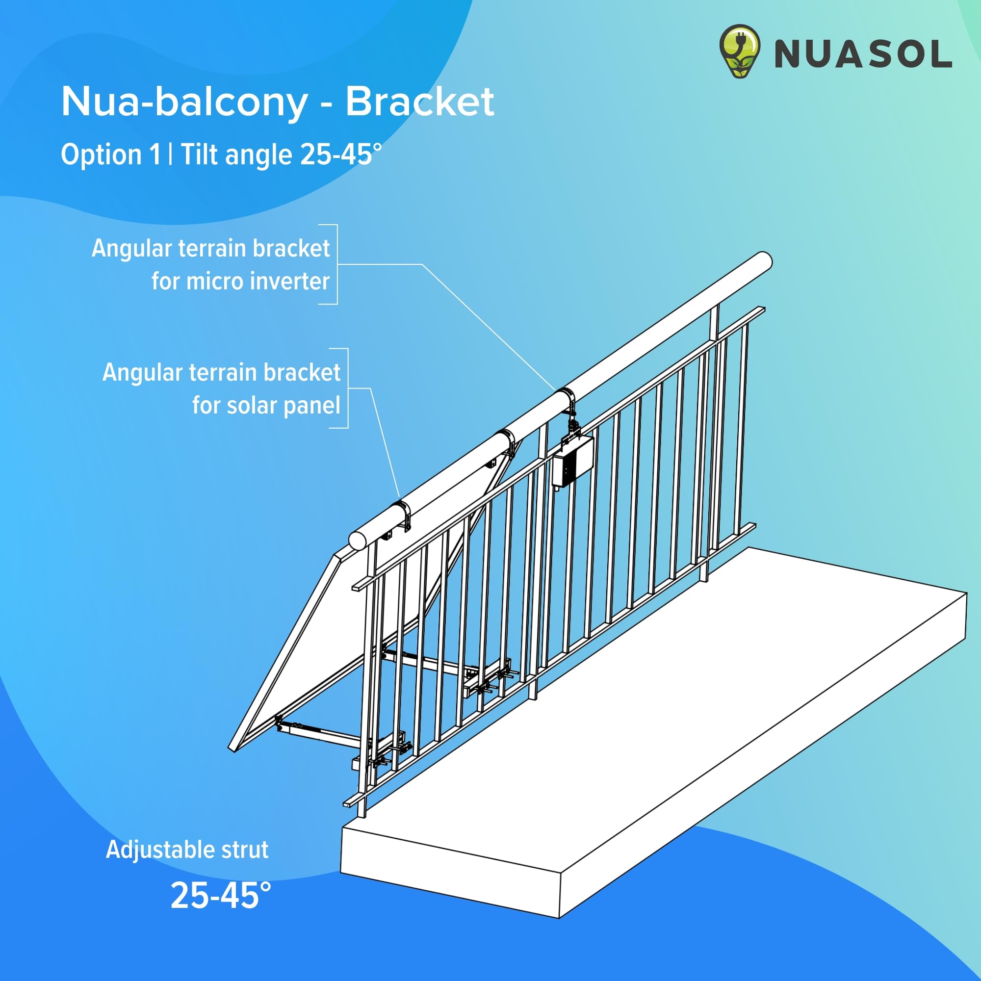 Supporto per centrale elettrica da balcone per ringhiera per 1 pannello solare, un inverter fotovoltaico | rotondo | Set | angolo di inclinazione 0° e 25-45° | diametro ringhiera fino a 80