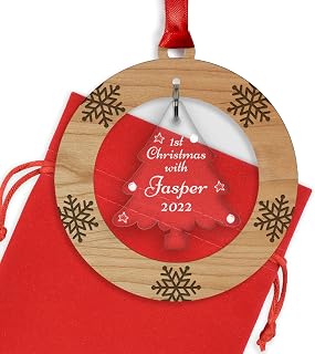 PERSONALISED 1st Christmas with our Puppy/Kitten (Any Pet) Xmas Tree Bauble Decoration Ornament - Cherry Veneer and Acrylic Engraved Christmas Tree Ornament - Keepsake Christmas Gifts Presents