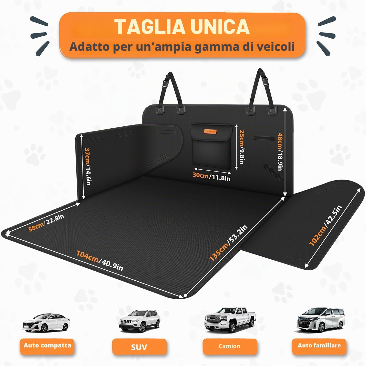 Protezione Bagagliaio Auto per Cani, Telo Auto per Cani con Tasca, Protezione Laterale e Paraurti, Impermeabile Antistrappo Antiscivolo, Universale per Auto, SUV, 183 x 104 cm, Nero(Leggero)