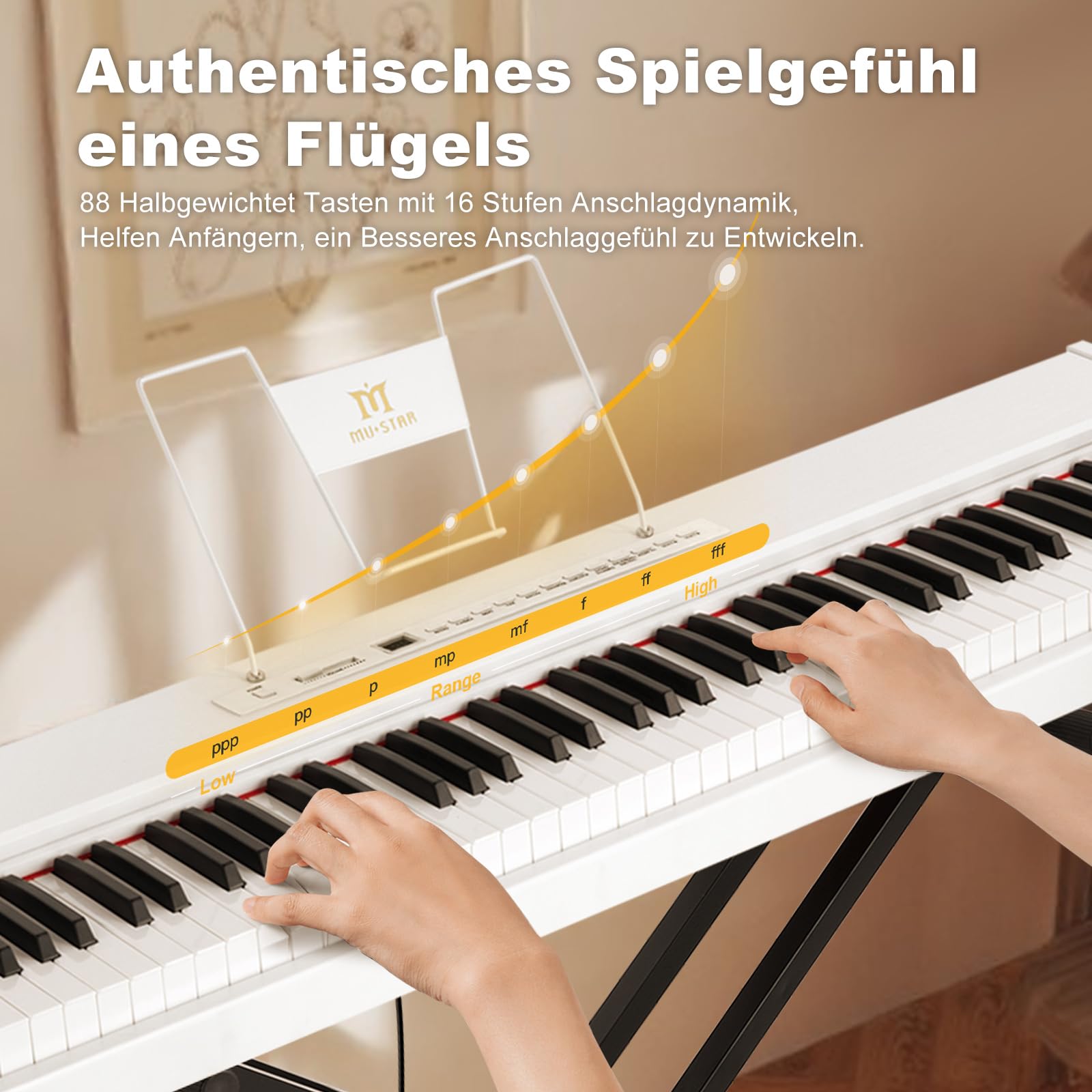 MUSTAR Digital Piano 88 Halbgewichtete Tasten mit Ständer, Volle Größe 88 Tasten Klavier für Anfänger, Tragbares E Piano, mit Kabellose Verbindung, Koffer, Sustain-Pedal, Weiß