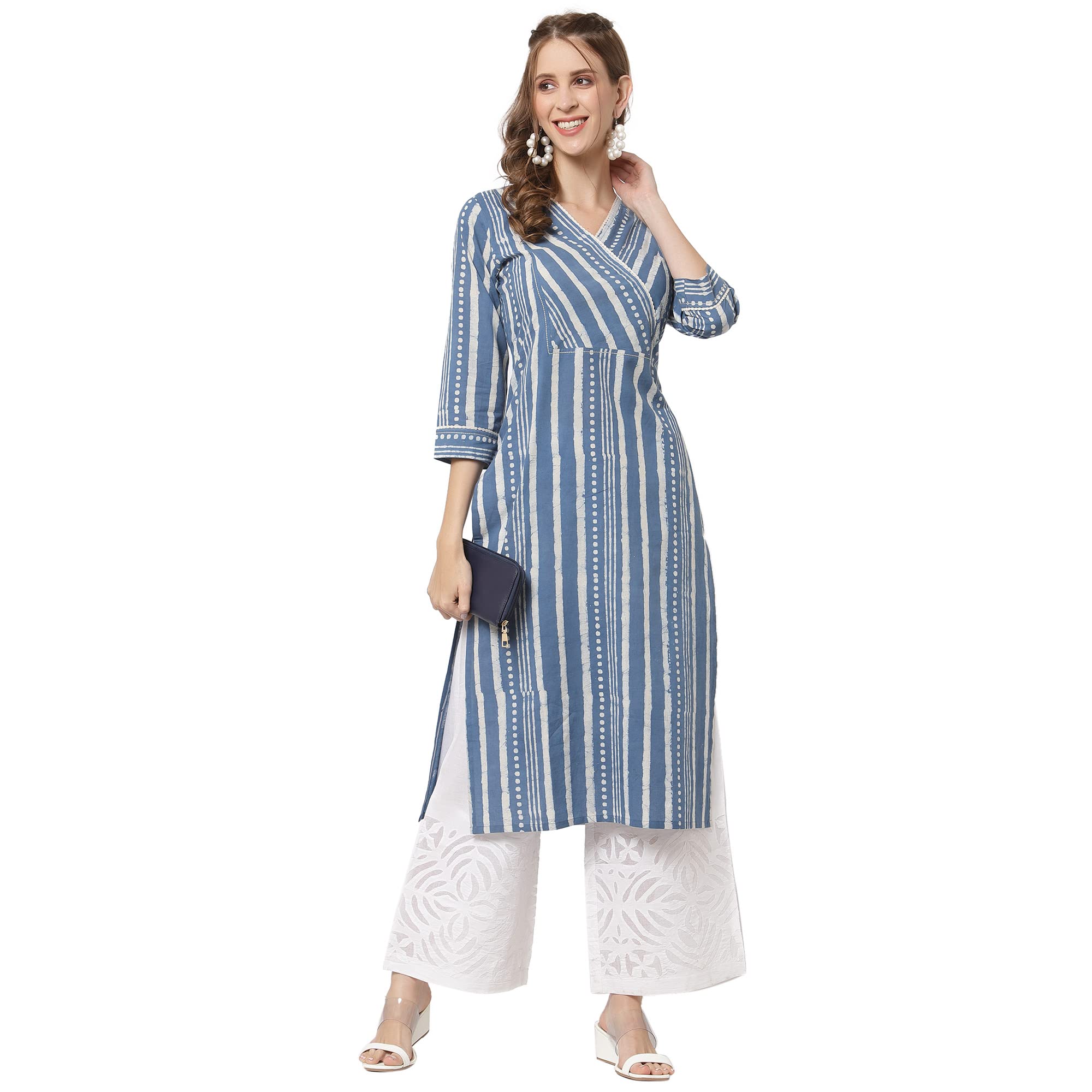 KAMI KUBI100% Cotton Women and Girl's Straight fit Cotton Kurta with Overlap and lace Detailing, Blue, 38
