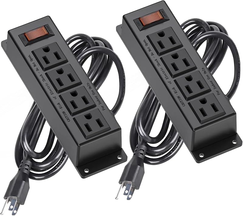 2PCS Mountable Power Strip with 4 Outlet, Wall Mount Power Strip, 10ft Cord | with Switch, Under Desk Power Strip for Office/Industrial/Home, Flat Plug, Black