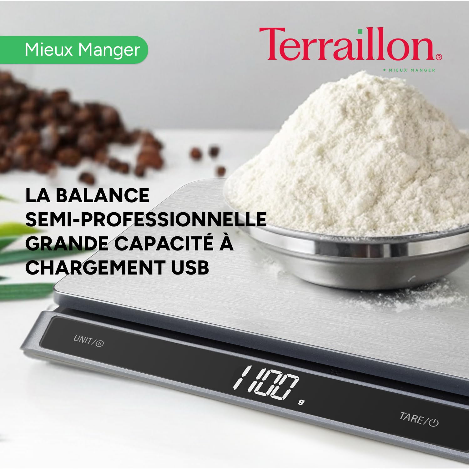 TERRAILLON - PRO USB15 - Balance de cuisine électronique professionnelle, Large plateau Inox 23 x 16 cm, capacité 15 kg, graduation 1 g, Rechargeable USB C, Ecran LED Rétroéclairé - Inox
