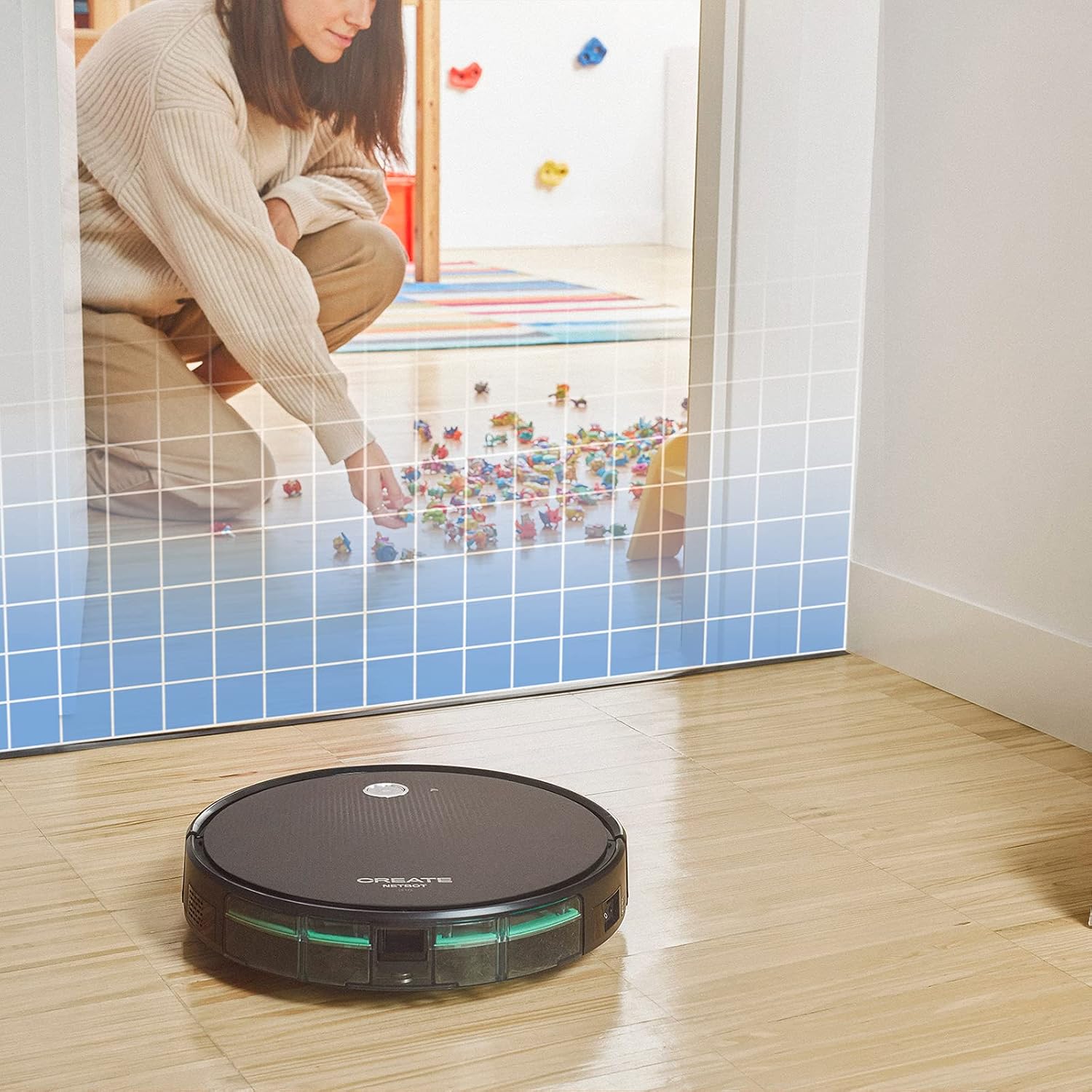 Illustration of CREATE NETBOT S15 Robot Vacuum Cleaner respecting a virtual boundary created by a magnetic strip