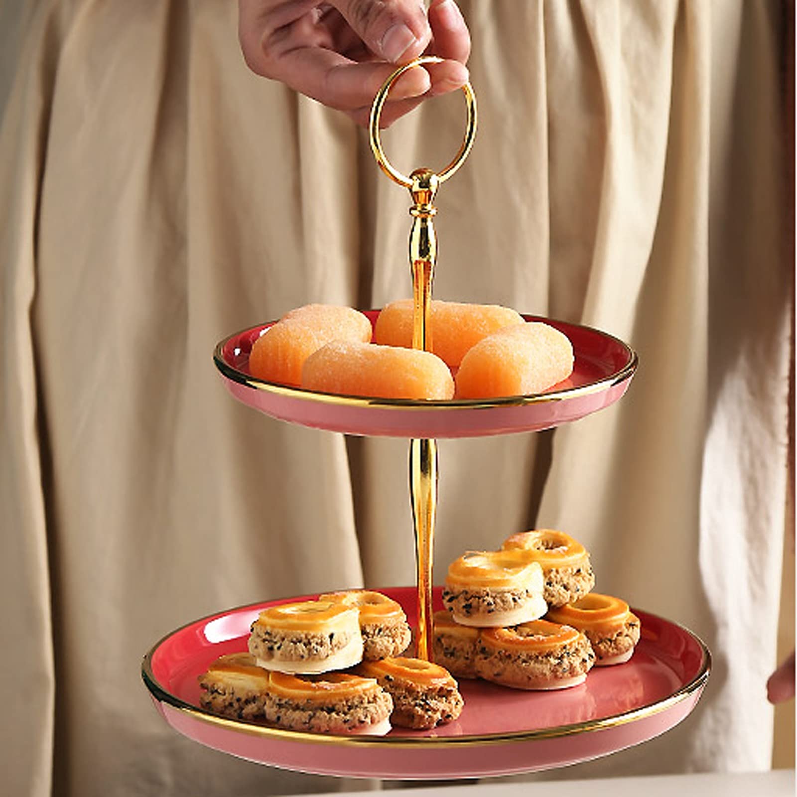 Alzatina per dolci Torta a 2 livelli con impugnatura ad anello Tavolo da dessert in ceramica Staccabile Cupcake Stand Multi-Color Pasticceria Vassoio Cupcake Display stand Alzata per Torta