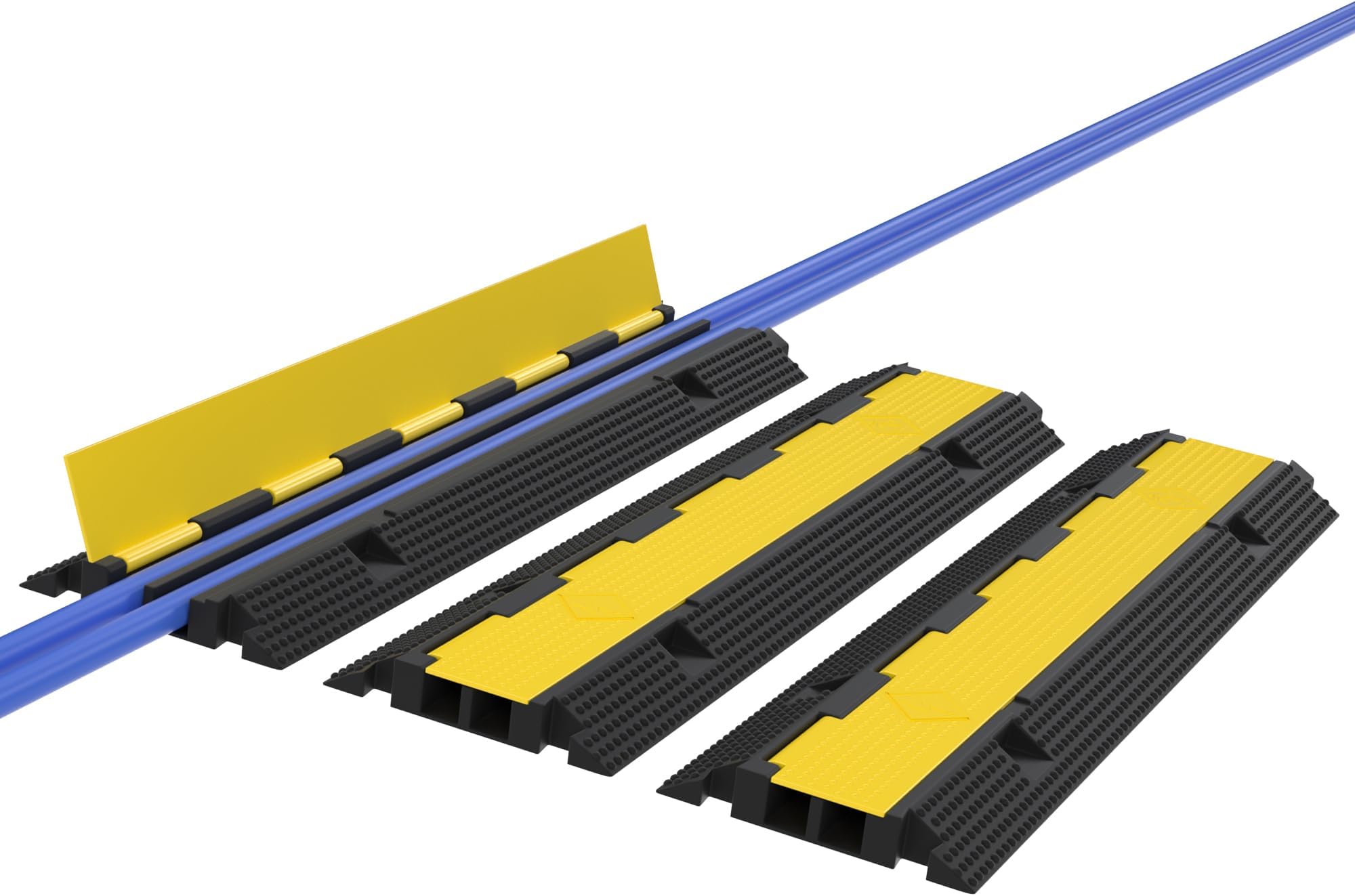 RELIANCER 3 Packs 2-Channel Rubber Cable Protector Cover Ramp & Speed Bump | 33000 Lbs Capacity,Industrial-grade Rubber,Flip-Open Lid,Modular Interlocking Design,Protect Cable & Control Traffic Speed