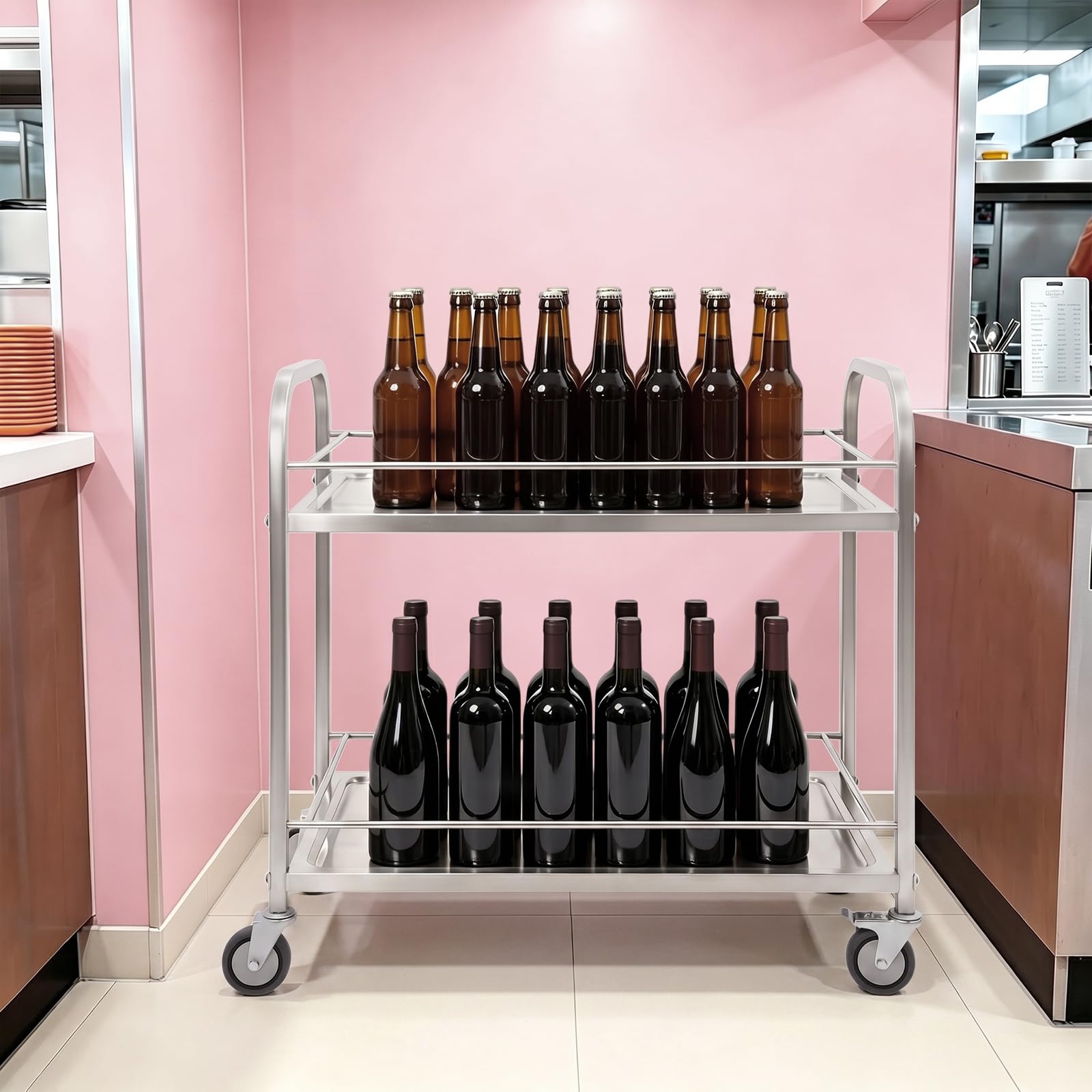 Carrito de cocina de acero inoxidable con 2 niveles para cocina, restaurante | Carrito de cocina con barandilla elevada para cocina, hotel, restaurante y catering