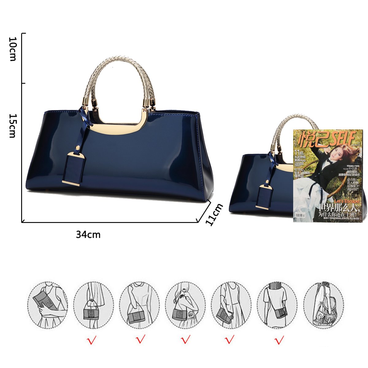 Borsa a mano con Tracolla Manici Intrecciato da Donna in Pelle Verniciata PU Borse a Spalla per Signora